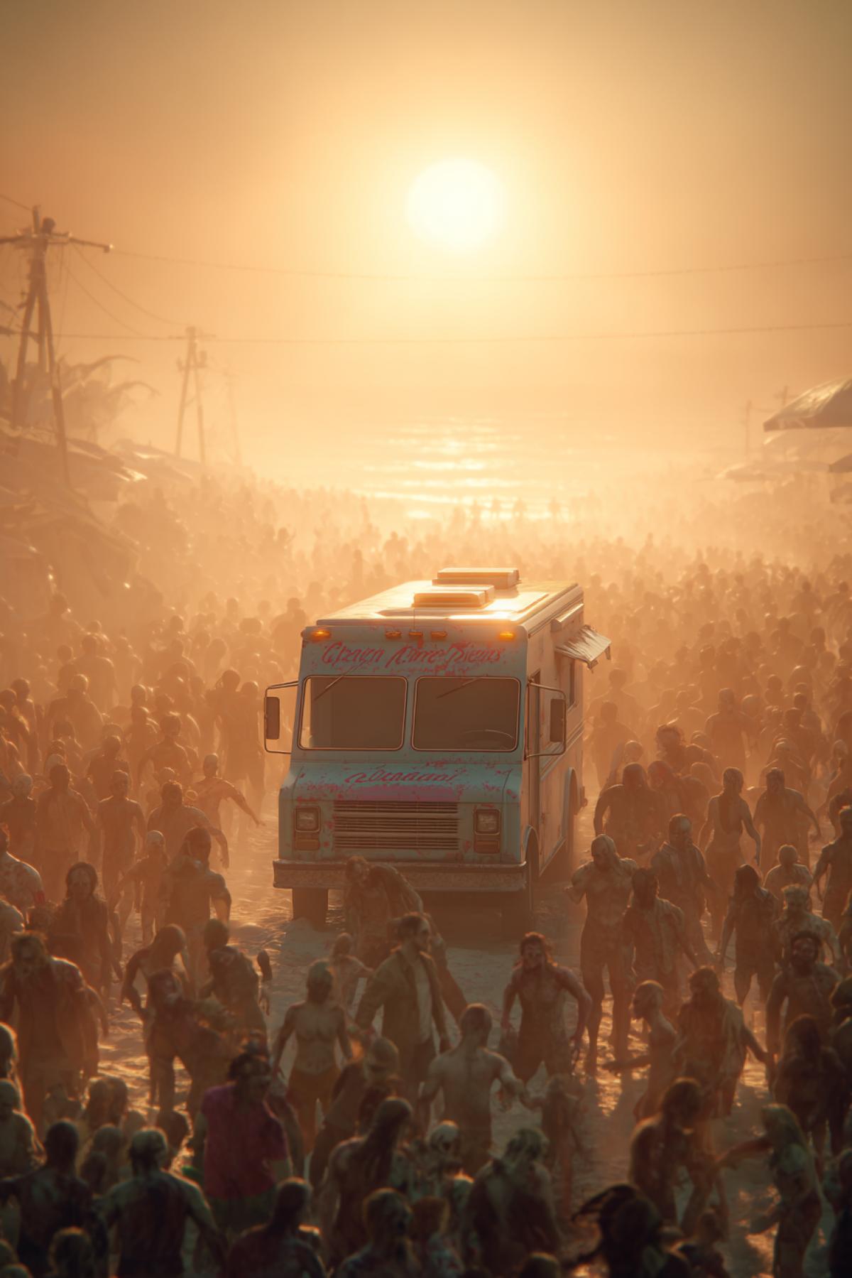 An ice cream truck slowly drives away from a horde of chasing zombies. Beach setting, scorching heat, the camera captures the shimmering distortion of hot air. Dramatic, cinematic, vibrant colors, hyper-detailed, 8K.