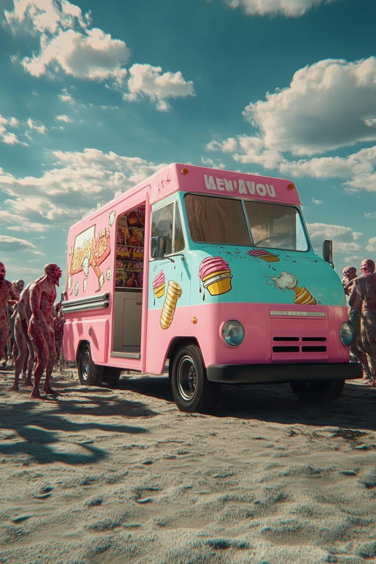 An ice cream truck slowly drives away from a horde of chasing zombies. Beach setting, scorching heat, the camera captures the shimmering distortion of hot air. Dramatic, cinematic, vibrant colors, hyper-detailed, 8K.
