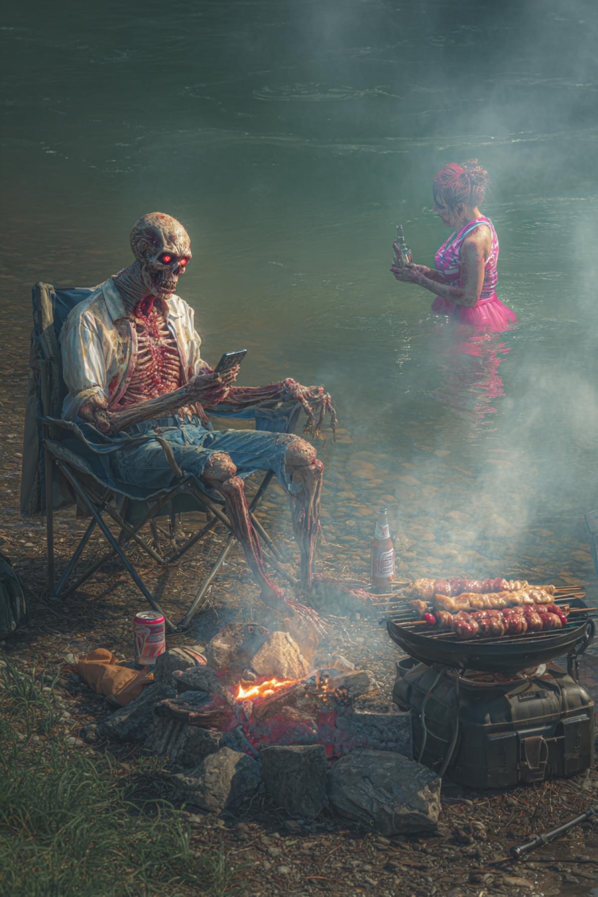 A fat zombie with a 1.5-liter beer bottle sits in a folding chair by the river, fishing. A grill with sizzling shashlik kebabs smoking nearby. A zombie girl dances to music blasting from a big Bluetooth speaker. (Photo taken on an iPhone 15.)