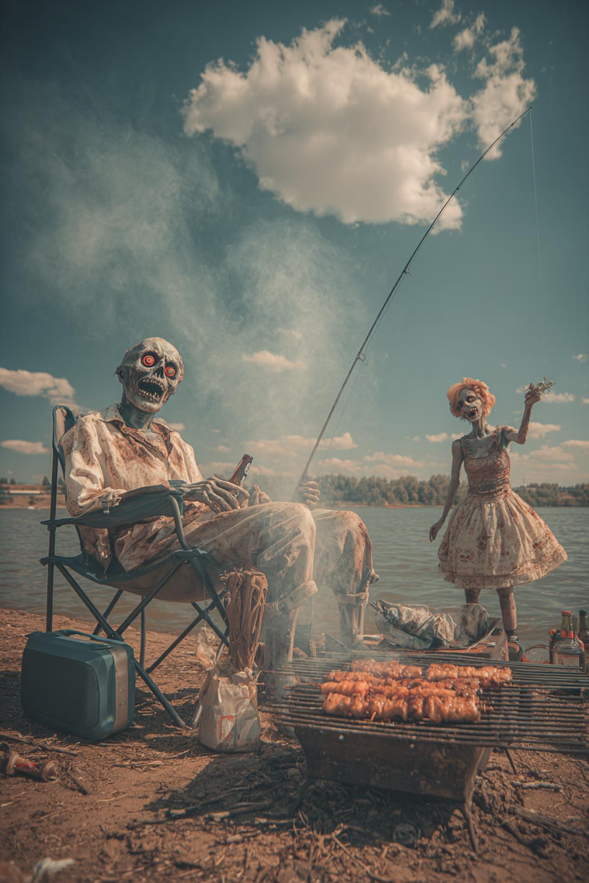 A fat zombie with a 1.5-liter beer bottle sits in a folding chair by the river, fishing. A grill with sizzling shashlik kebabs smoking nearby. A zombie girl dances to music blasting from a big Bluetooth speaker. (Photo taken on an iPhone 15.)