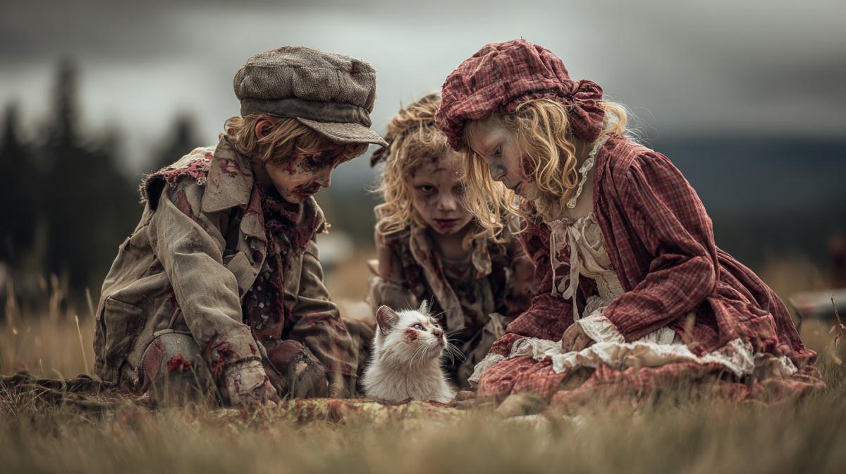 Children Zombie Kenai play with a zombie kitten on the zombie picnic Kenay Milot