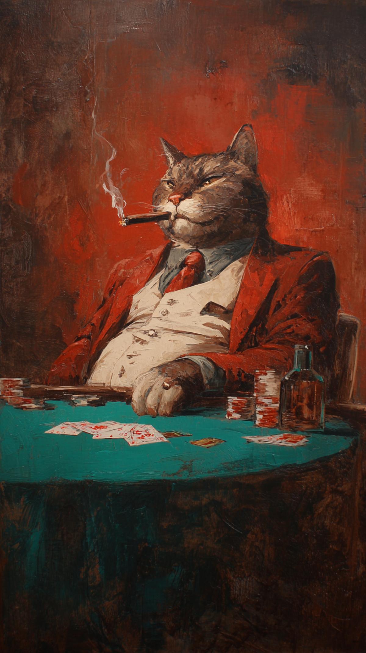 Fat Cat with a smoking cigar, the image of the head of the mafia of the 20s sits at the casino table