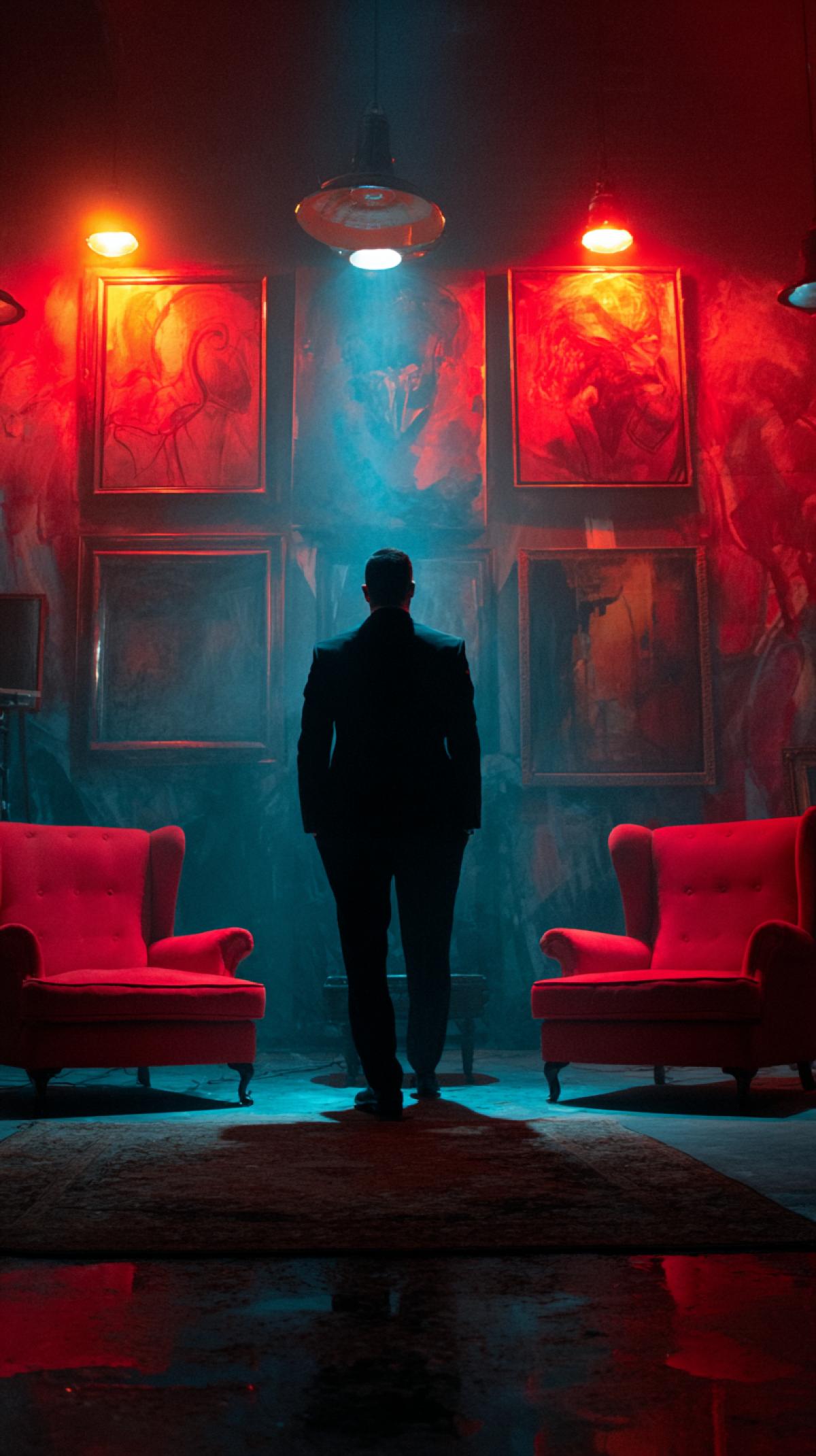 A man in a suit stands between two red chairs, in a dark room with paintings on the walls. The scene is removed from behind, with a style similar to the poster using the film lighting, soft light and high contrast to create a feeling of riddle and elegance. The general tone is cool, gives the impression of fears and threats, because the character is the Don of the mafia