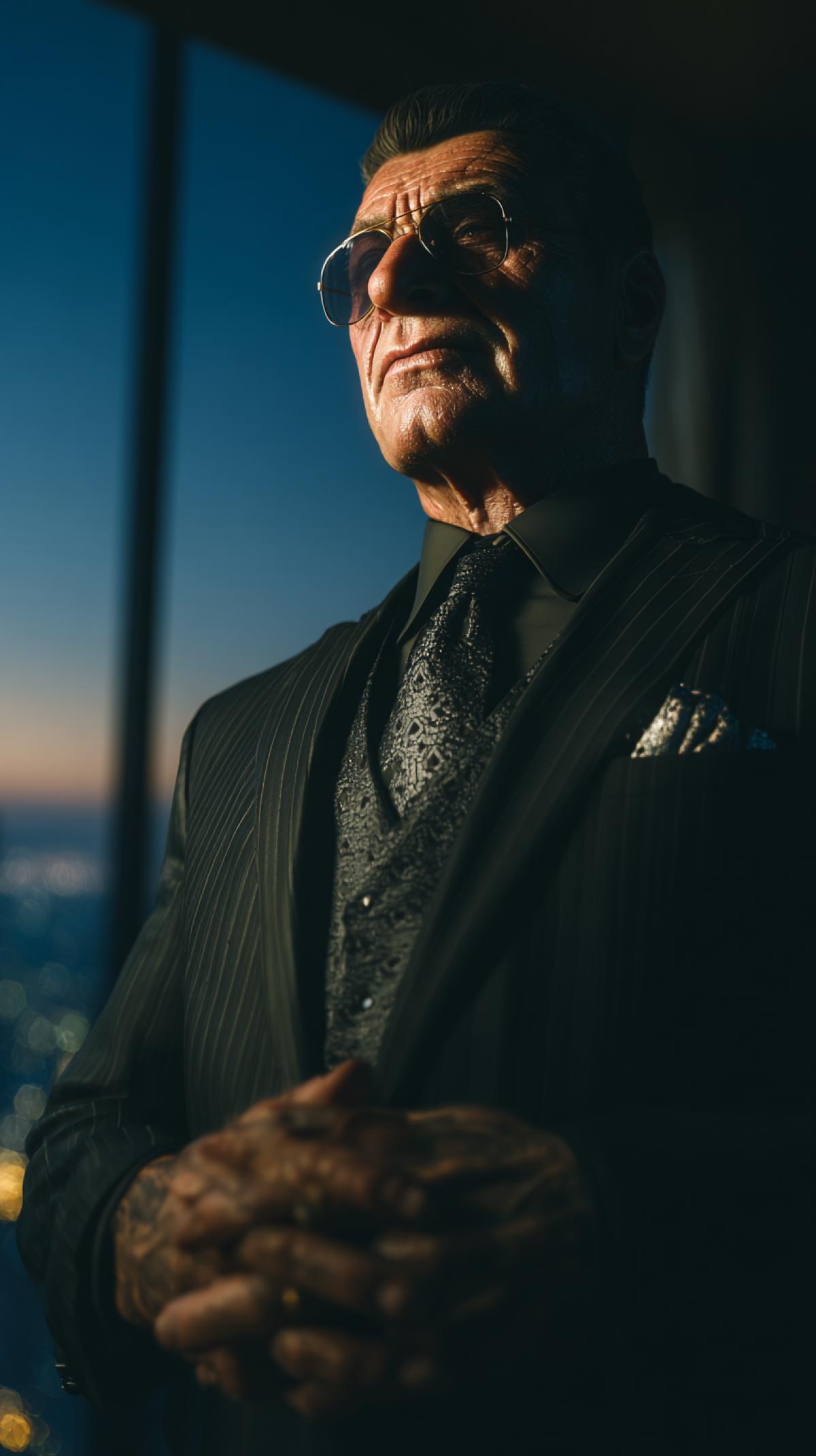 A formidable Mafia Boss, viewed from a slightly low angle to emphasize his power, stands confidently in his opulent, dimly lit penthouse office. He is impeccably dressed in a dark, three-piece suit, with a silk pocket square. His hands are clasped loosely in front of him, exuding a sense of controlled power. His face, with strong features and a knowing, enigmatic smile, is cast in dramatic shadows and highlights. The background shows blurred city lights through a panoramic window. Cinematic, film noir aesthetic, sense of authority, quiet menace, mysterious aura, photorealistic, octane render, 8K.