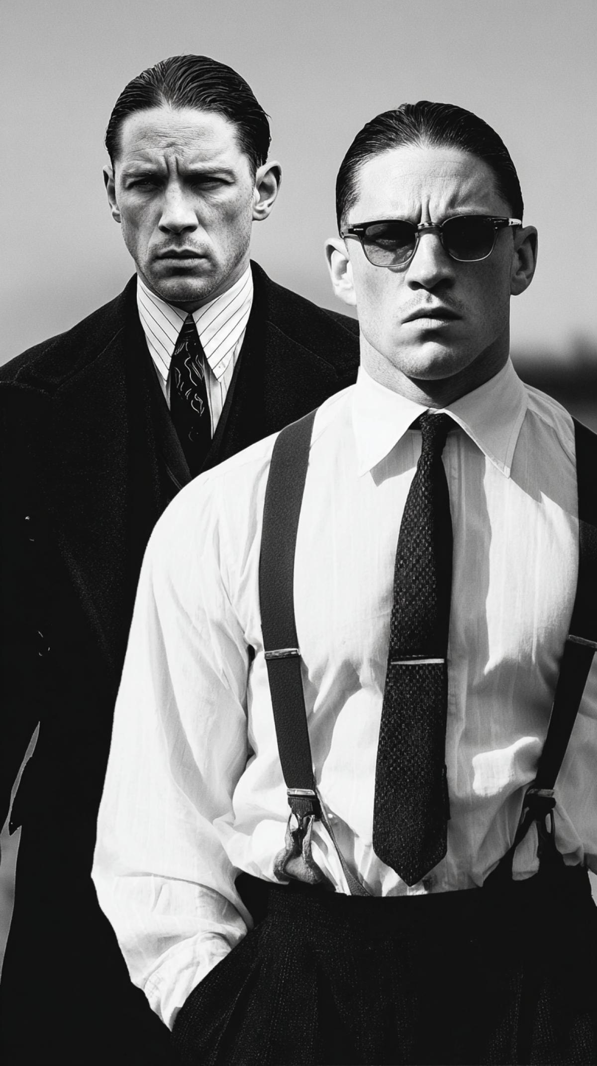 Tom Hardy as the Mafia Boss Brothers, still from the movie Legend, dark and white photo