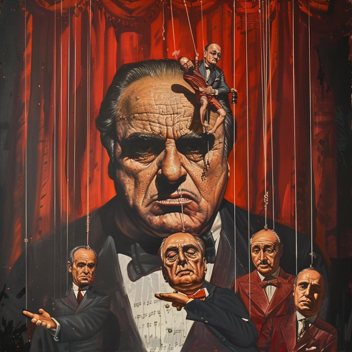 Marlon Brando the Godfather as puppet theater master threats leading to mafia puppets far below High contrast full colour art