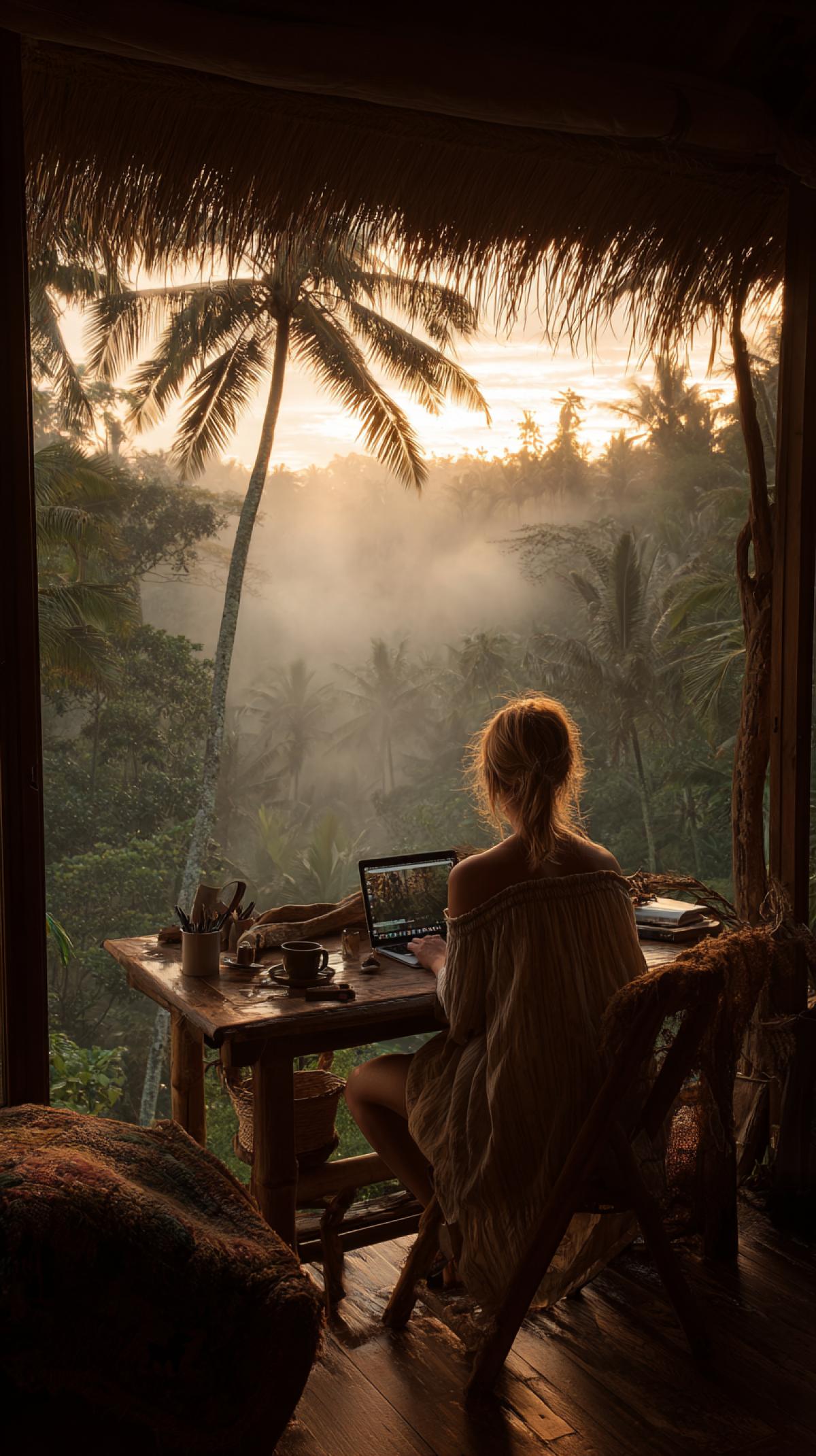 office of a girl working on a MacBook in a tropical forest, palm trees, fog, sunrise, wooden table, chair, glass mug, sitting in front of an open window overlooking a dense forest, the sun luxuryly visible above the horizon