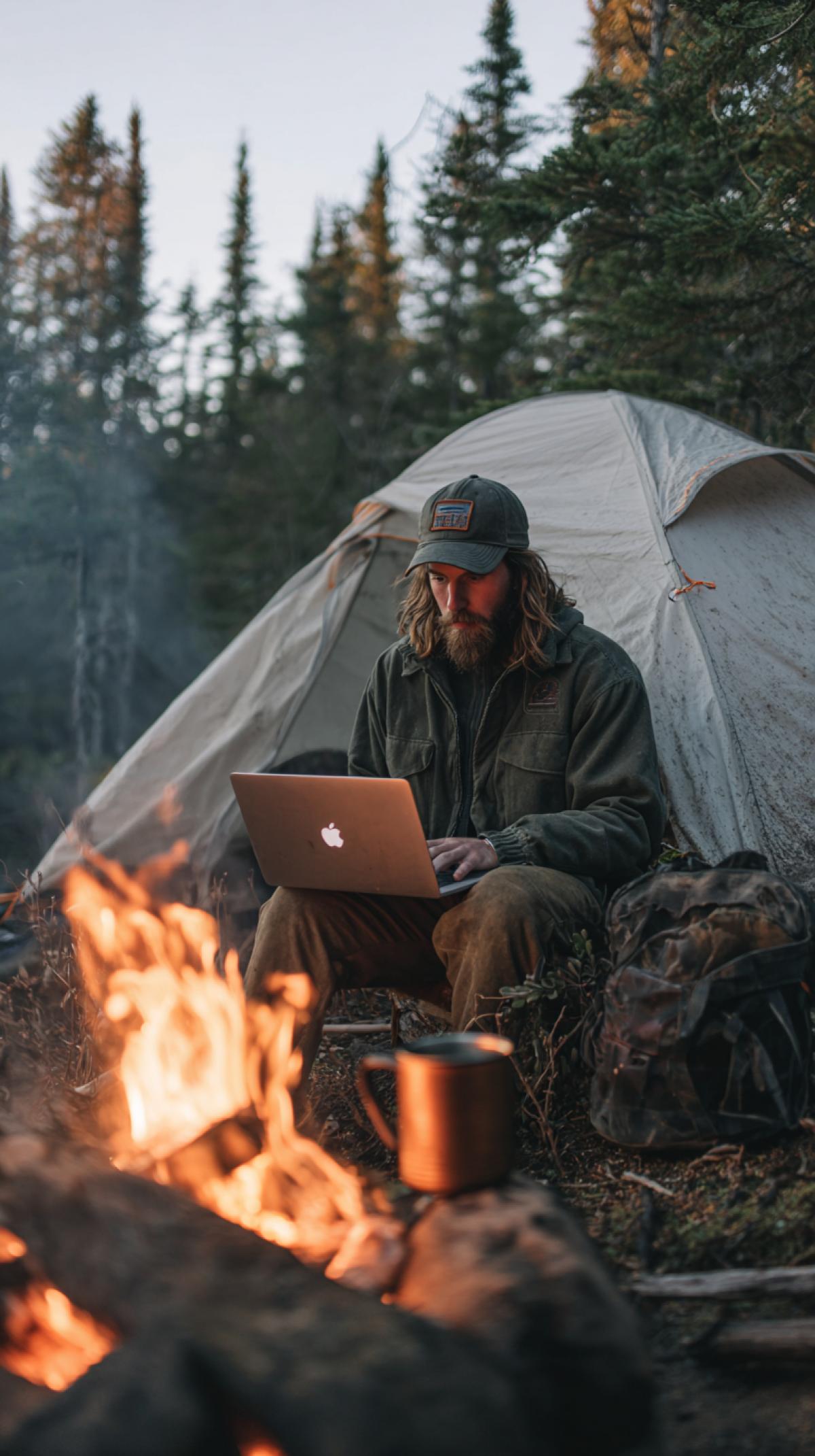 a guy working on a MacBook in a tent in the woods, a campfire, and an iron mug