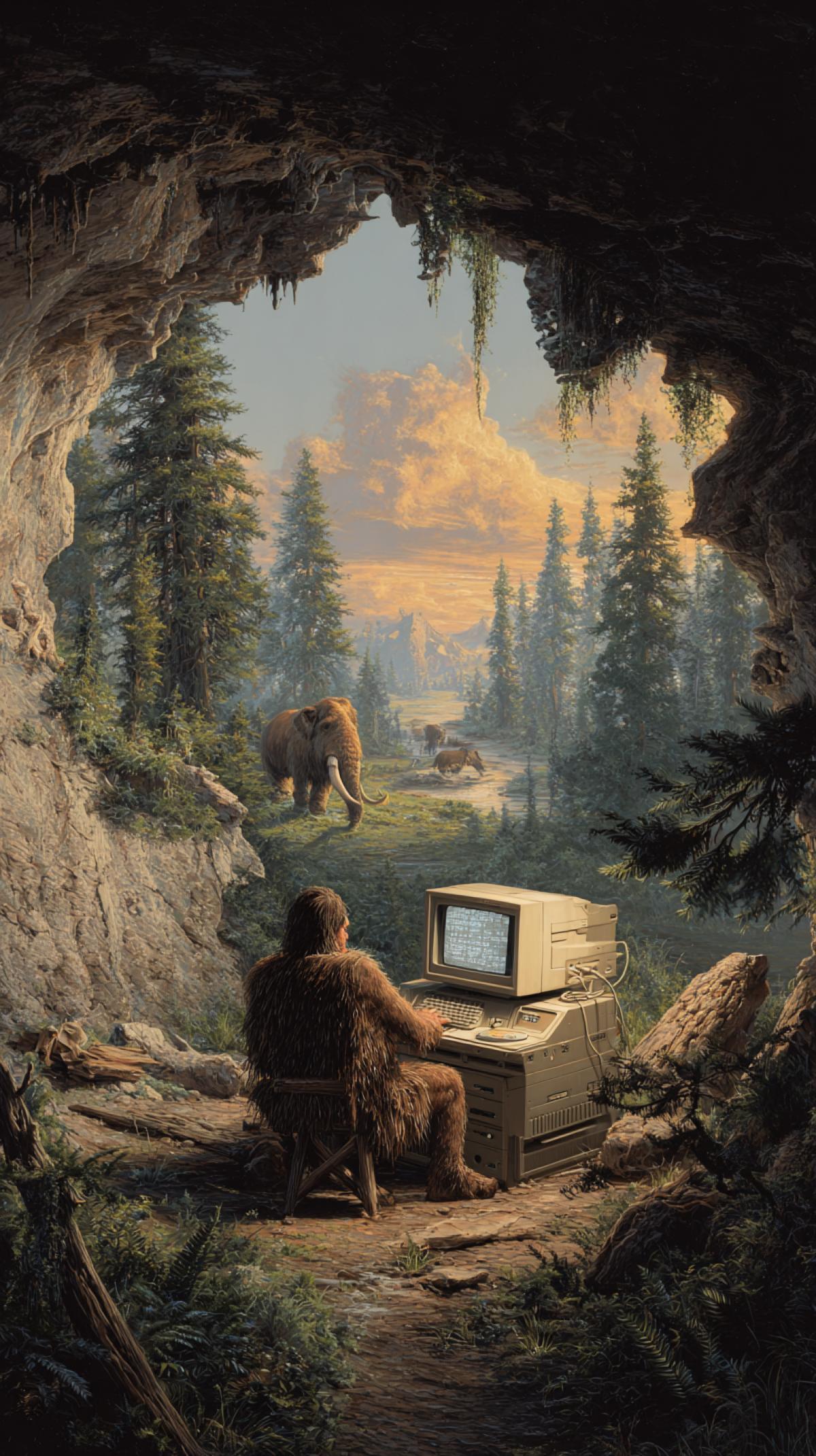 office of a primitive man working on an IBM 5150 computer in a cave, the primitive man is dressed in a skin, view of a forest, a mammoth on the horizon