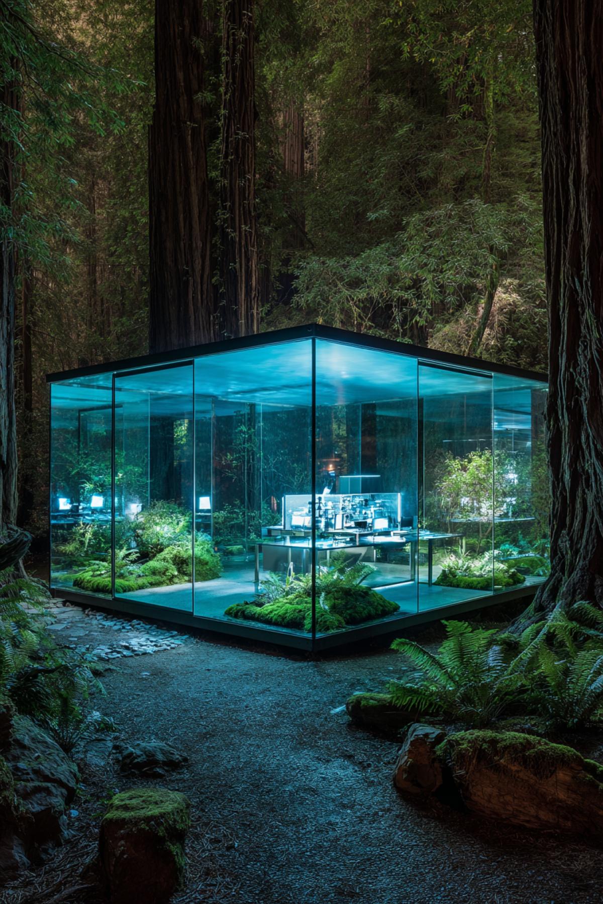 A sleek glass cube office suspended between big sequoias, connected by rope bridges. Inside minimalist furniture with living moss carpets, a waterfall-fed coffee machine, and holographic displays projecting through ferns. At night, bioluminescent plants replace desk lamps. 16K sci-fi nature, style of ‘Apple Store meets Avatar’, cool blue and emerald lighting