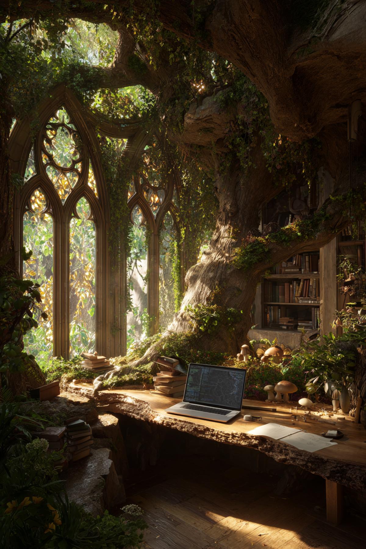 A massive ancient oak tree hollowed into a cozy office space, with a live-edge wooden desk growing organically from its trunk. A laptop sits open amidst ivy and glowing mushrooms, while a squirrel peeks at the screen. Sunlight filters through stained-glass windows made of pressed leaves. 12K fantasy realism, style of ‘Lord of the Rings’ elven architecture blended with modern tech, warm golden hour lighting