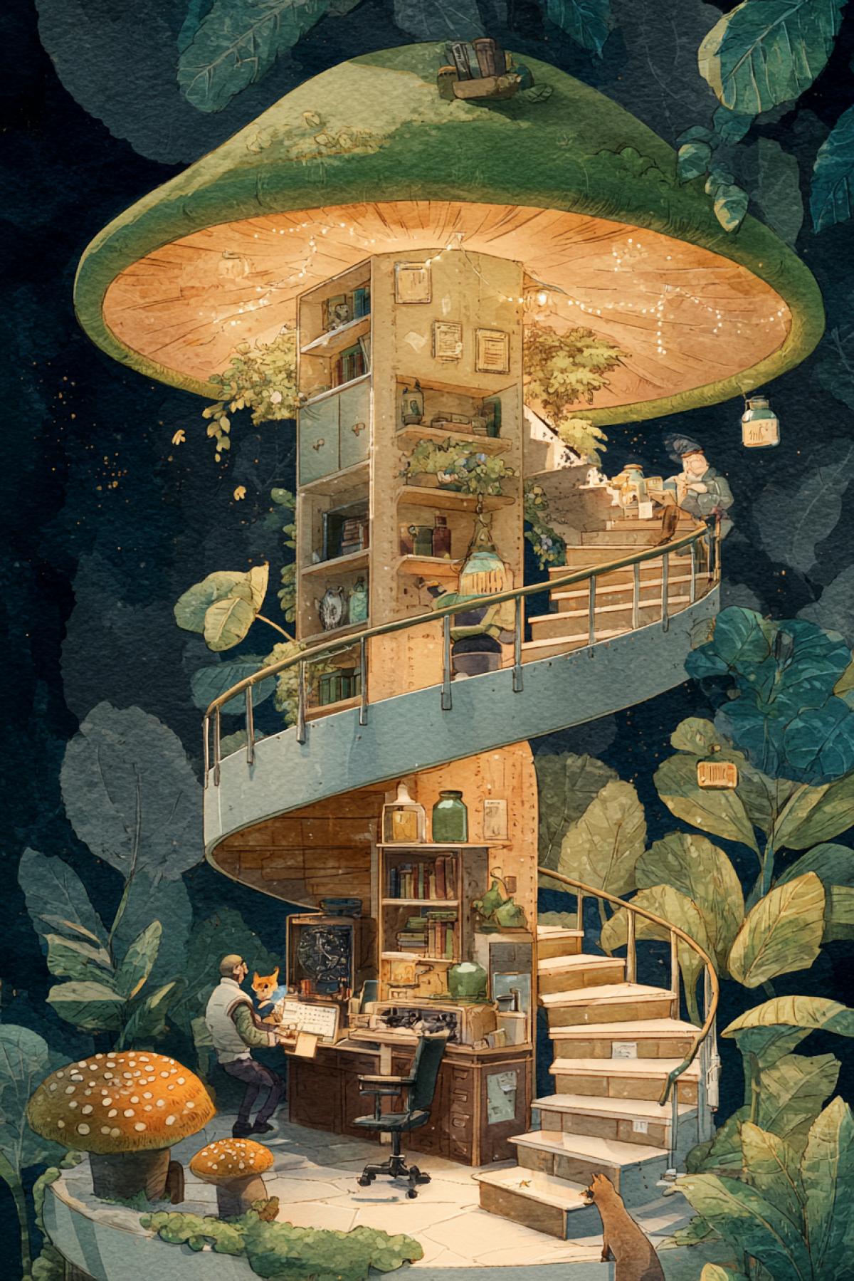 A whimsical office inside a big mushroom cap, its stem housing a spiral staircase. A hedgehog secretary types on a acorn-keyboard, while fireflies in jars serve as RGB mood lighting. Outside, deer deliver mail via tiny leaf-envelopes. 8K storybook aesthetic, ‘Studio Ghibli’ meets ‘Alice in Wonderland’, watercolor textures with digital crispness