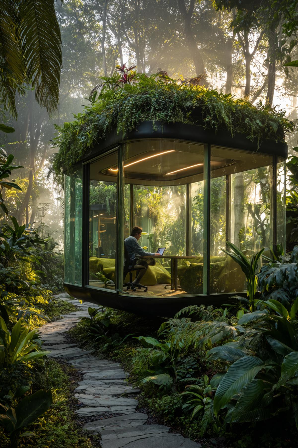 A floating office pod suspended in the canopy of a tropical rainforest, accessible only by bamboo elevators. Glass walls retract to reveal 360° jungle views, while a living green roof filters sunlight into dappled patterns on ergonomic moss chairs. A toucan perches on a charging station, its beak tapping a tablet. 16K biophilic design, style of ‘Jurassic Park’ innovation center meets Scandinavian minimalism, golden sunrise lighting