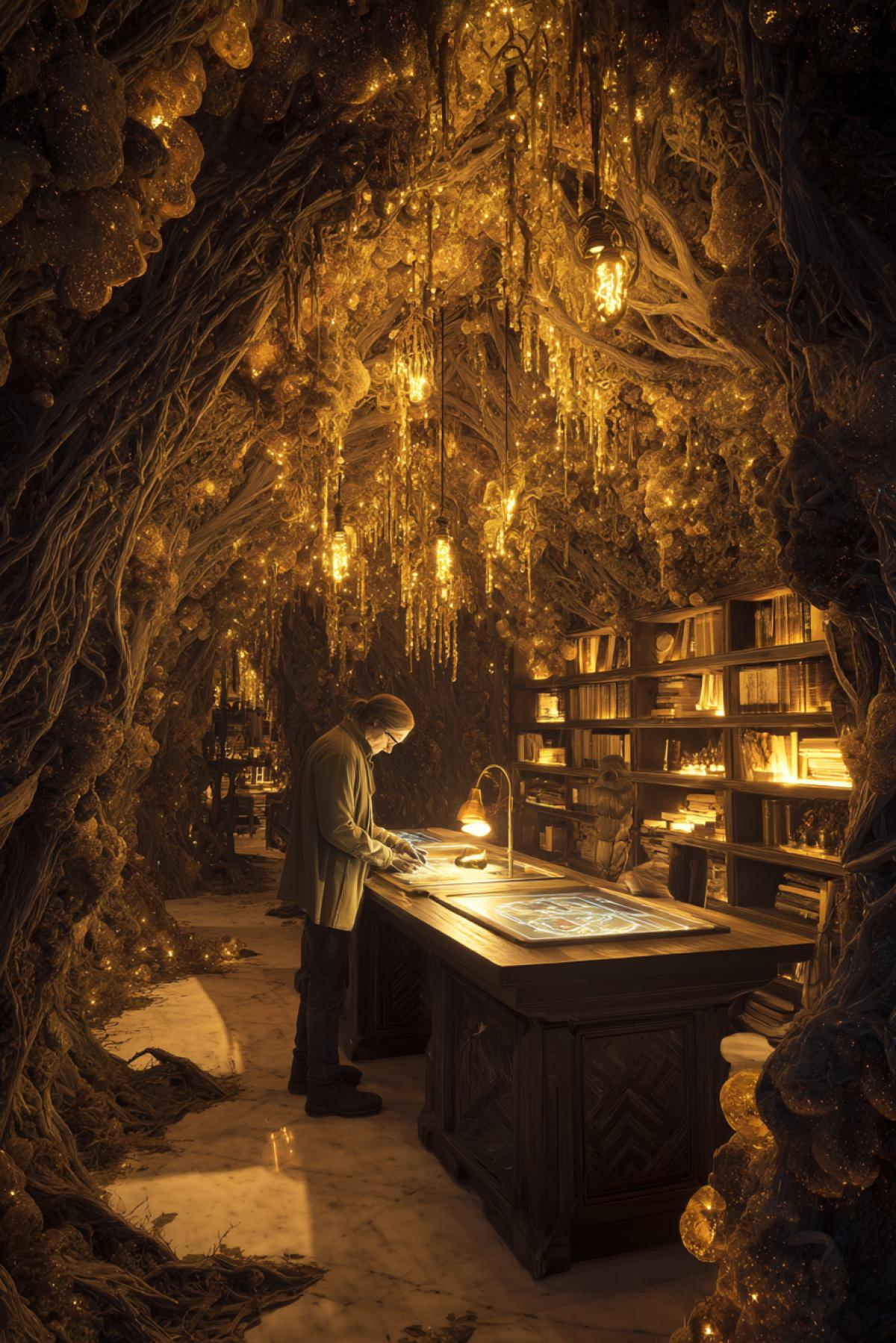 A secret office buried among big tree roots, illuminated by crystal-embedded fungi. Stone desks with inlaid touchscreens display holographic maps, while vine-chandeliers sway gently. An owl librarian organizes scrolls in glowing mycelium shelves. 12K archeofuturism, style of ‘Indiana Jones’ discovers a tech startup, warm amber bioluminescence