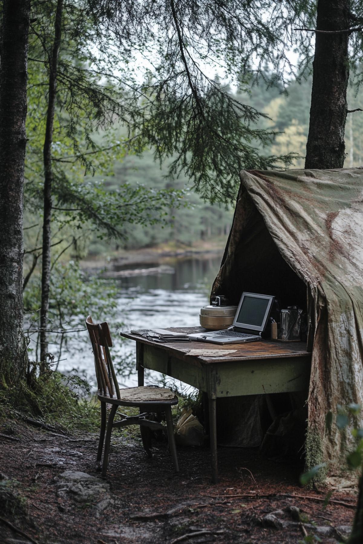 A working corner, somewhere in the forest on the shore of the river. A roof from improvised means is made above the table