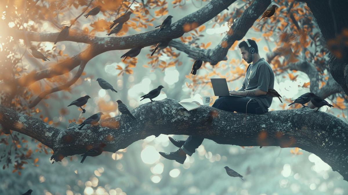 A man with a laptop sits on a large tree branch among birds and protein, works on a laptop, in headphones. Nearby on a branch of a mug with coffee and paper for work. Photo of high quality
