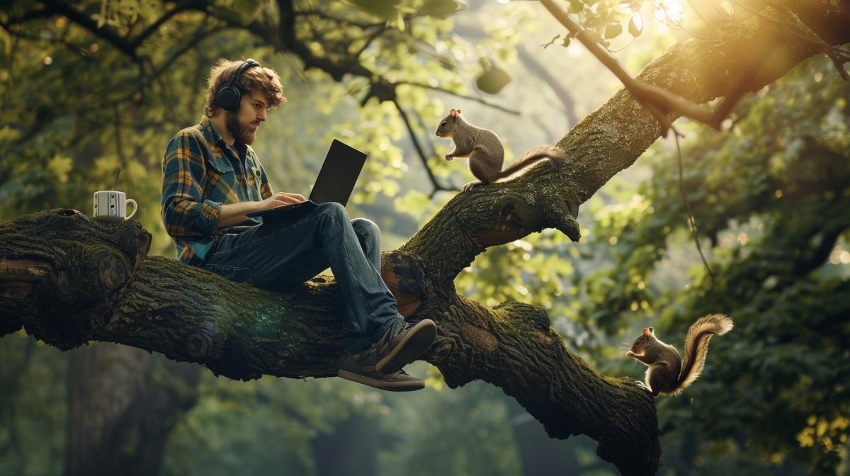 A man with a laptop sits on a large tree branch, works on a laptop, in headphones. Near the branch of a mug with coffee. Squirrels jump nearby