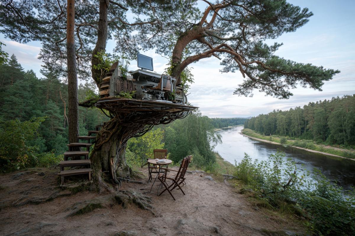 The latest computer org technique built into a tree, nearby a table in ITs, an armchair with a bar.  On the edge of the forest overlooking the river futurism
