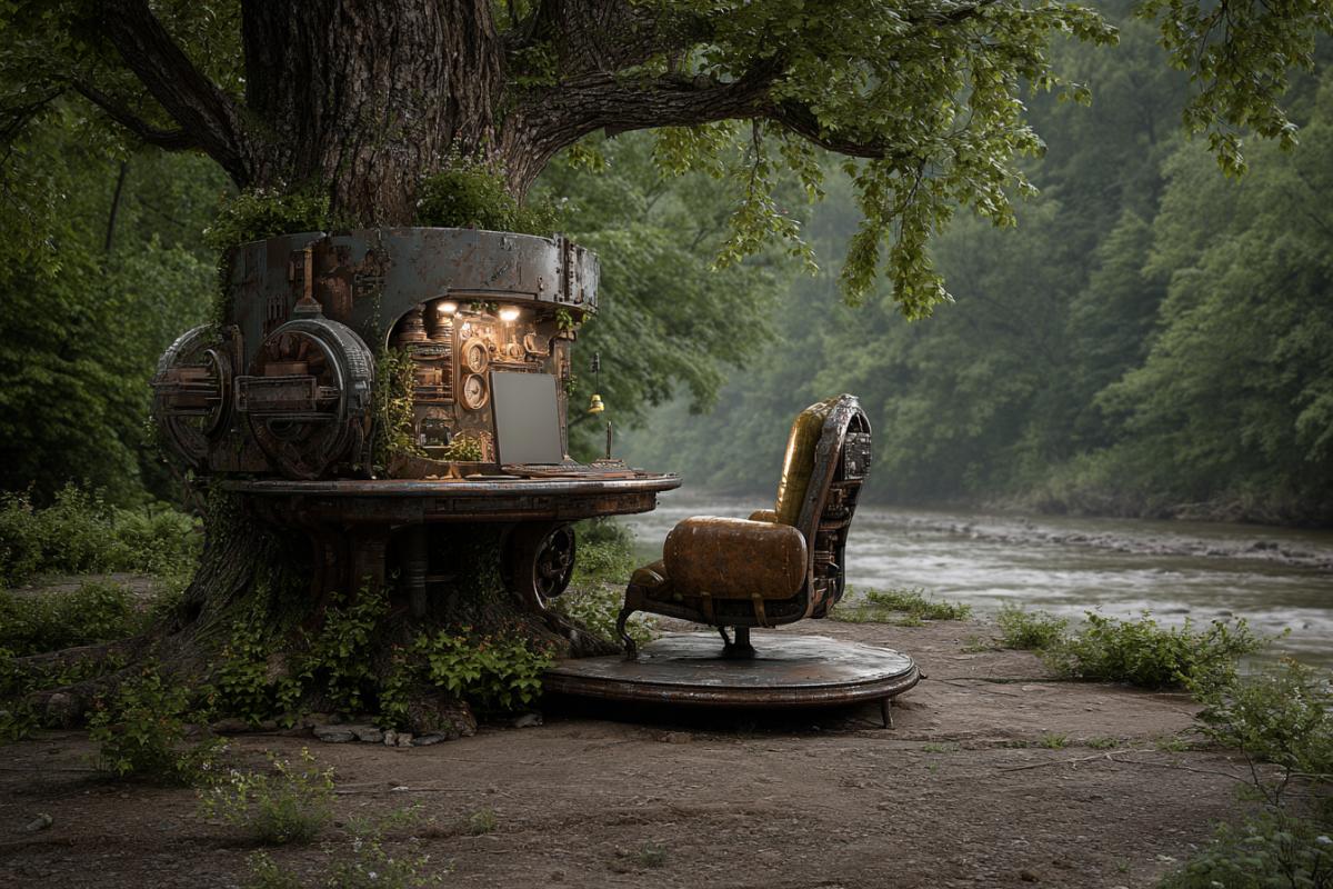 The latest computer org technique built into a tree, nearby a table in ITs, an armchair with a bar.  On the edge of the forest overlooking the river futurism