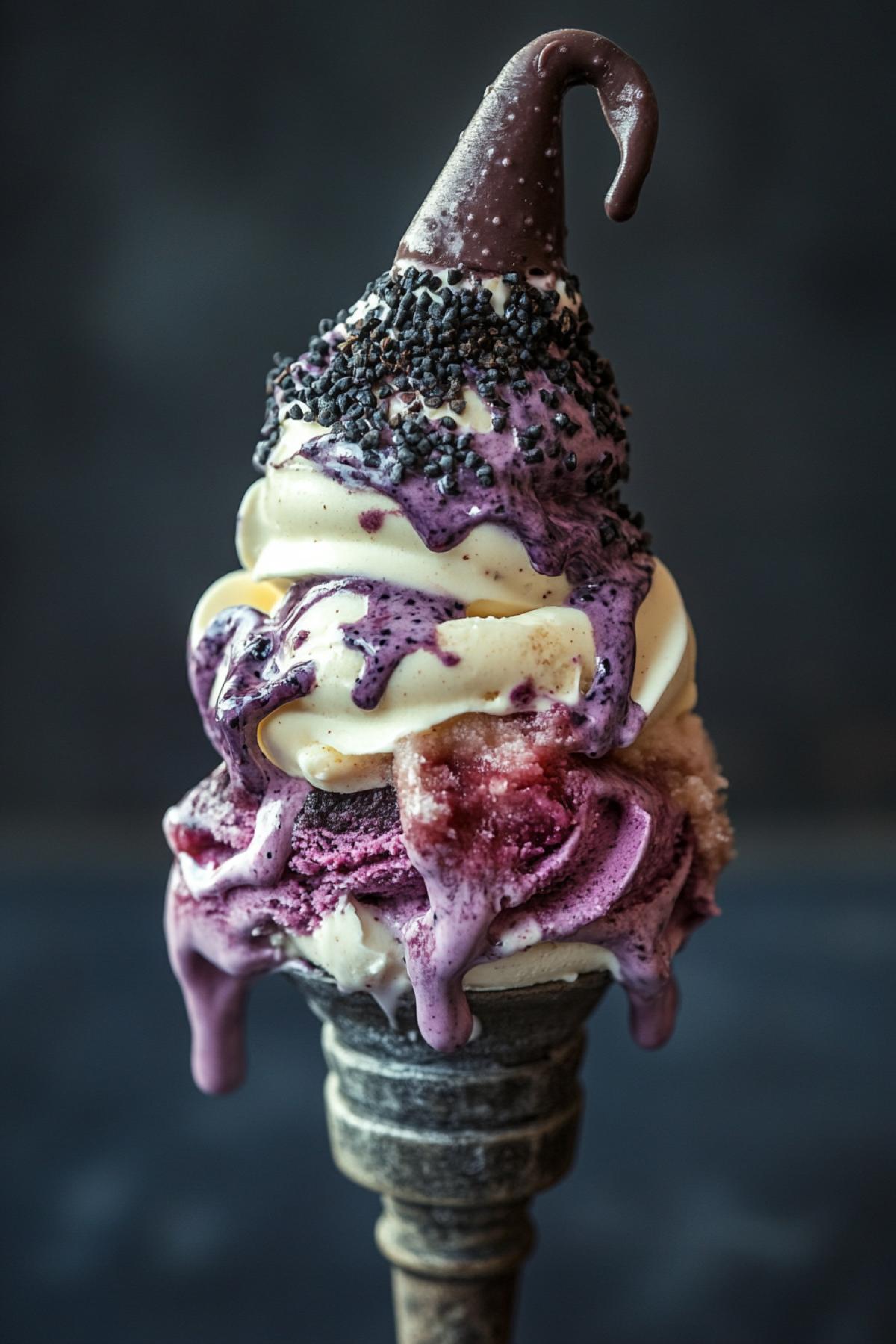 Ice cream of the future: unusual tastes, forms and textures that no person have yet seen, in the style of Harry Potter, a castlebrowned