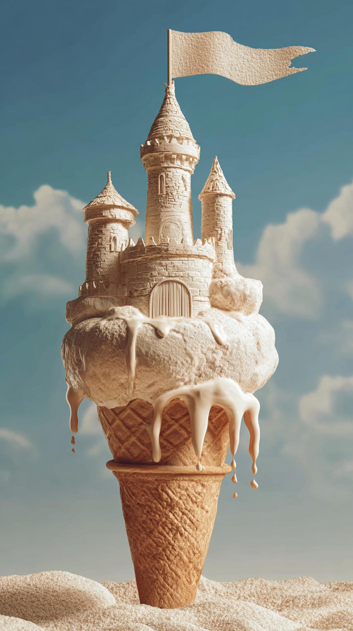 An ice cream cone with a sculpted sand castle, dripping ice cream, and a flag on top of the tower. The image has a photo-realistic, hyper-detailed, and cinematic look, resembling a product photography shot.