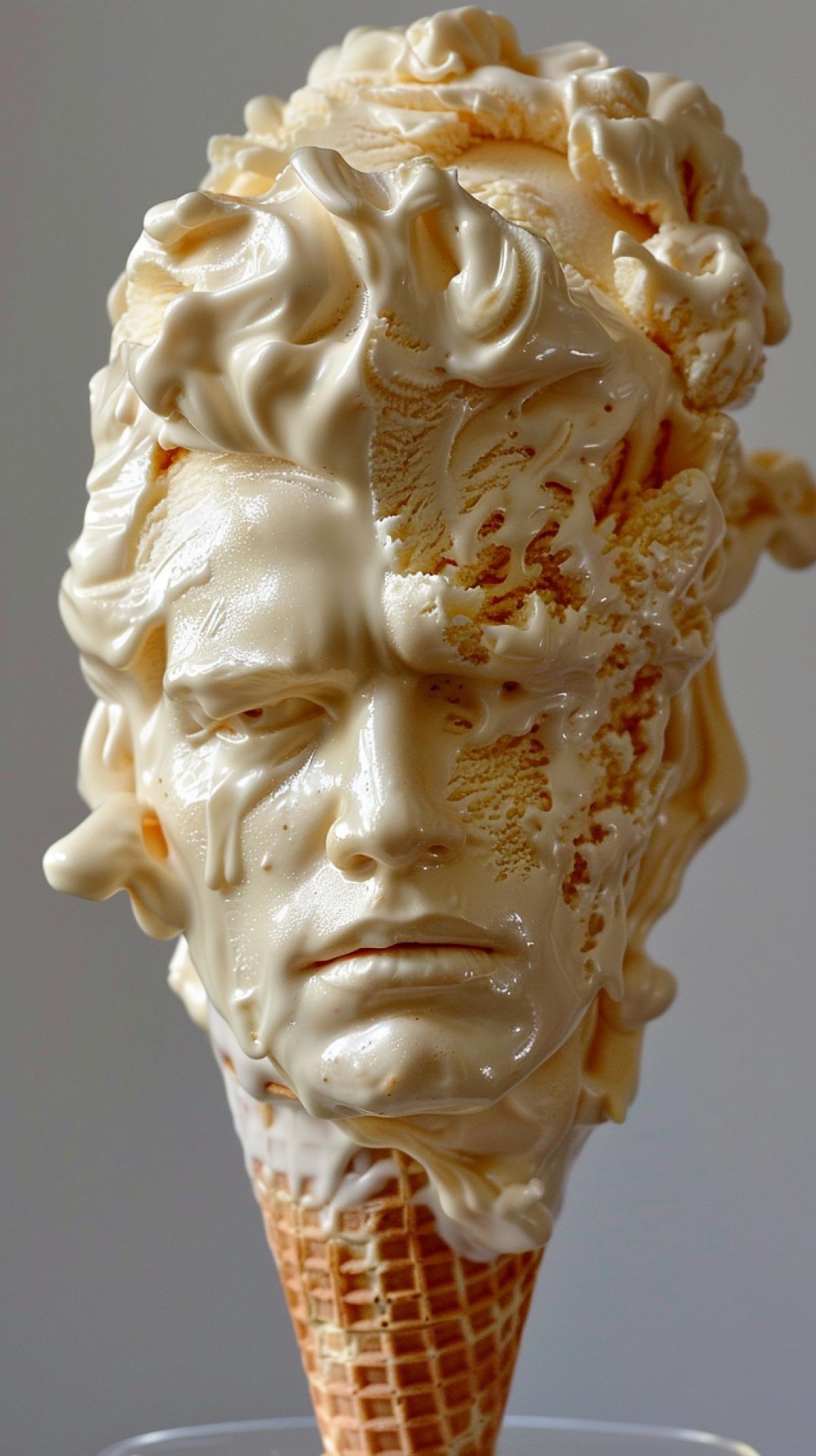 Ice cream in a waffle tube, ice cream in the form of Elvis Presleys head, melting