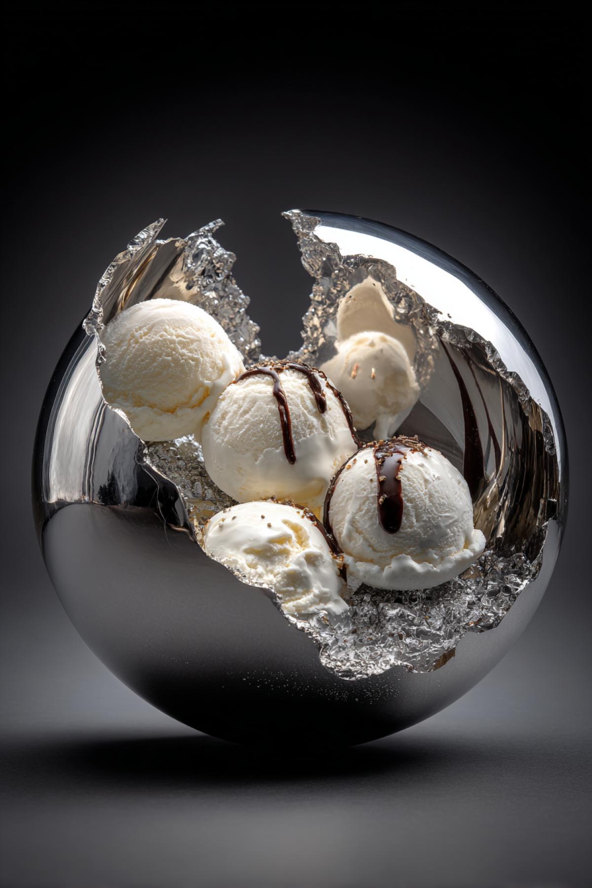 A sleek chrome sphere that cracks open to reveal morphing ice cream: first champagne-infused cloud texture, then spicy wasabi foam, finally settling into dark truffle gelato. Each phase triggered by temperature sensors in the edible nano-spoon. 16K tech-food fusion, style of ‘dark Mirror’ dessert, liquid metal reflections