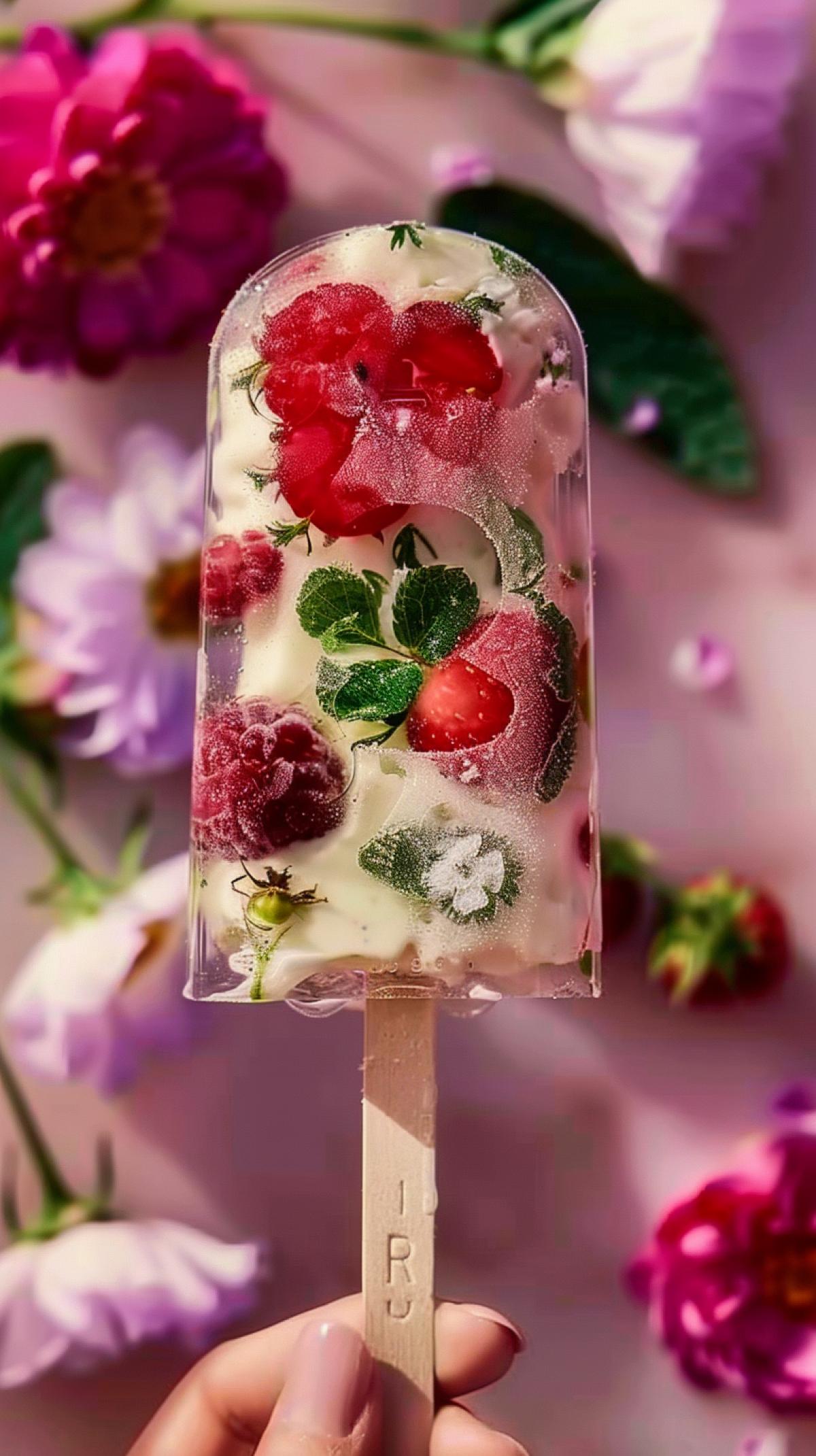 ice cream on a stick, letters, berries, flowers are visible inside the ice cream. Advertising shooting. Stylish, spectacular
