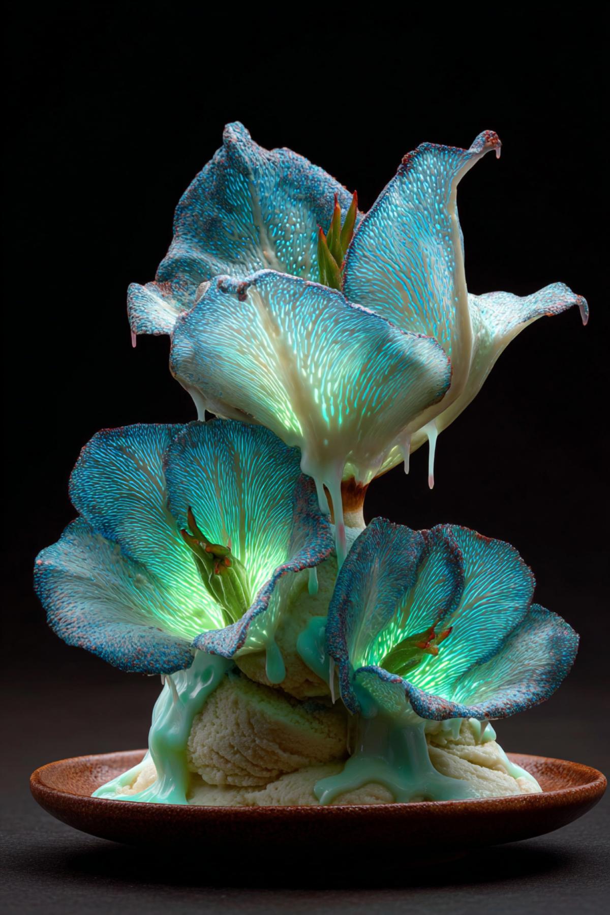 alien-inspired organic ice cream resembling a flower with bioluminescent petals, dripping soft textures, strange yet appetizing, surreal culinary art from the future, detailed fantasy food