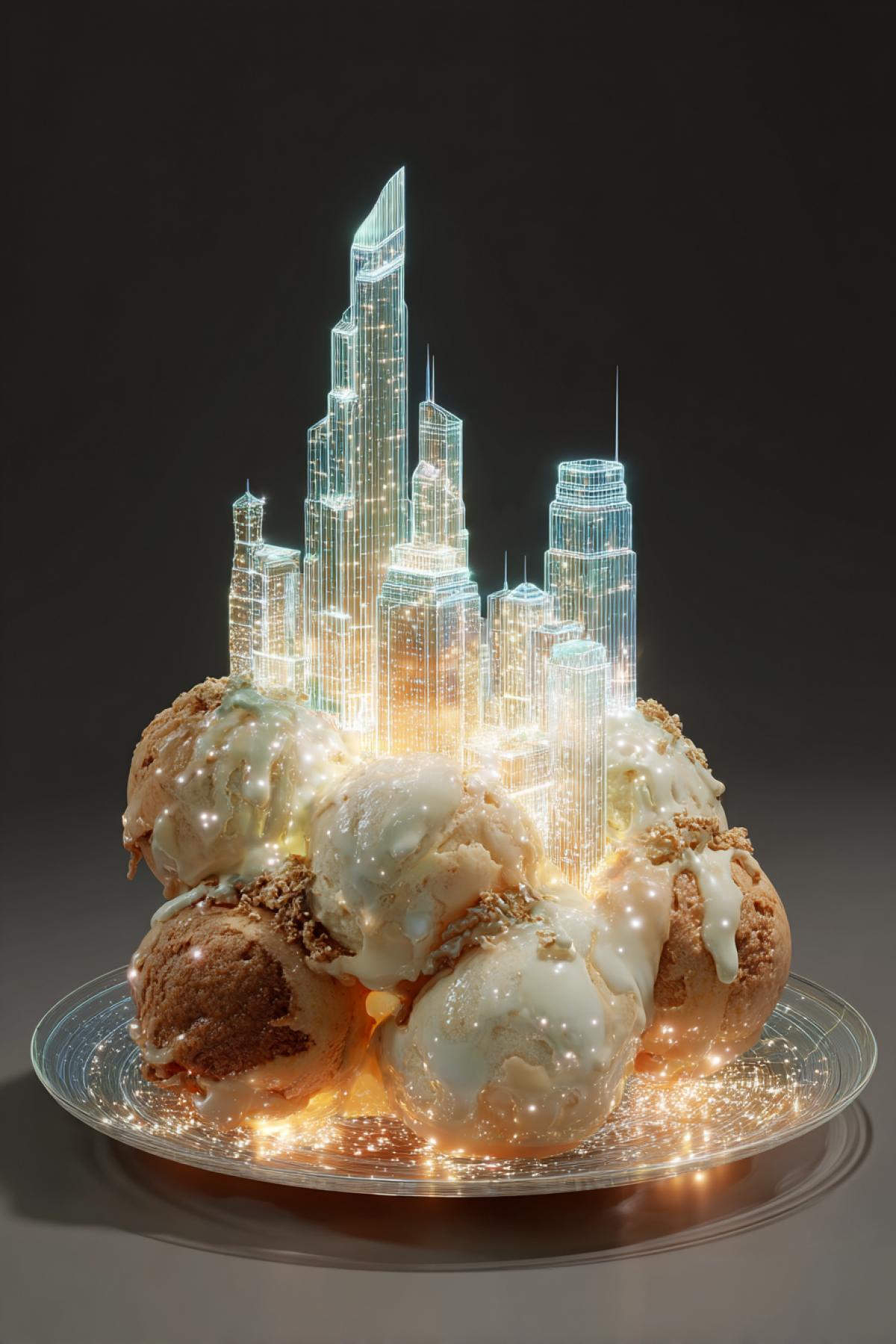 ice cream shaped like a futuristic cityscape, skyscraper-shaped scoops, glowing edges, served on a transparent plate with micro-lights, fusion of dessert and architecture, conceptual food design