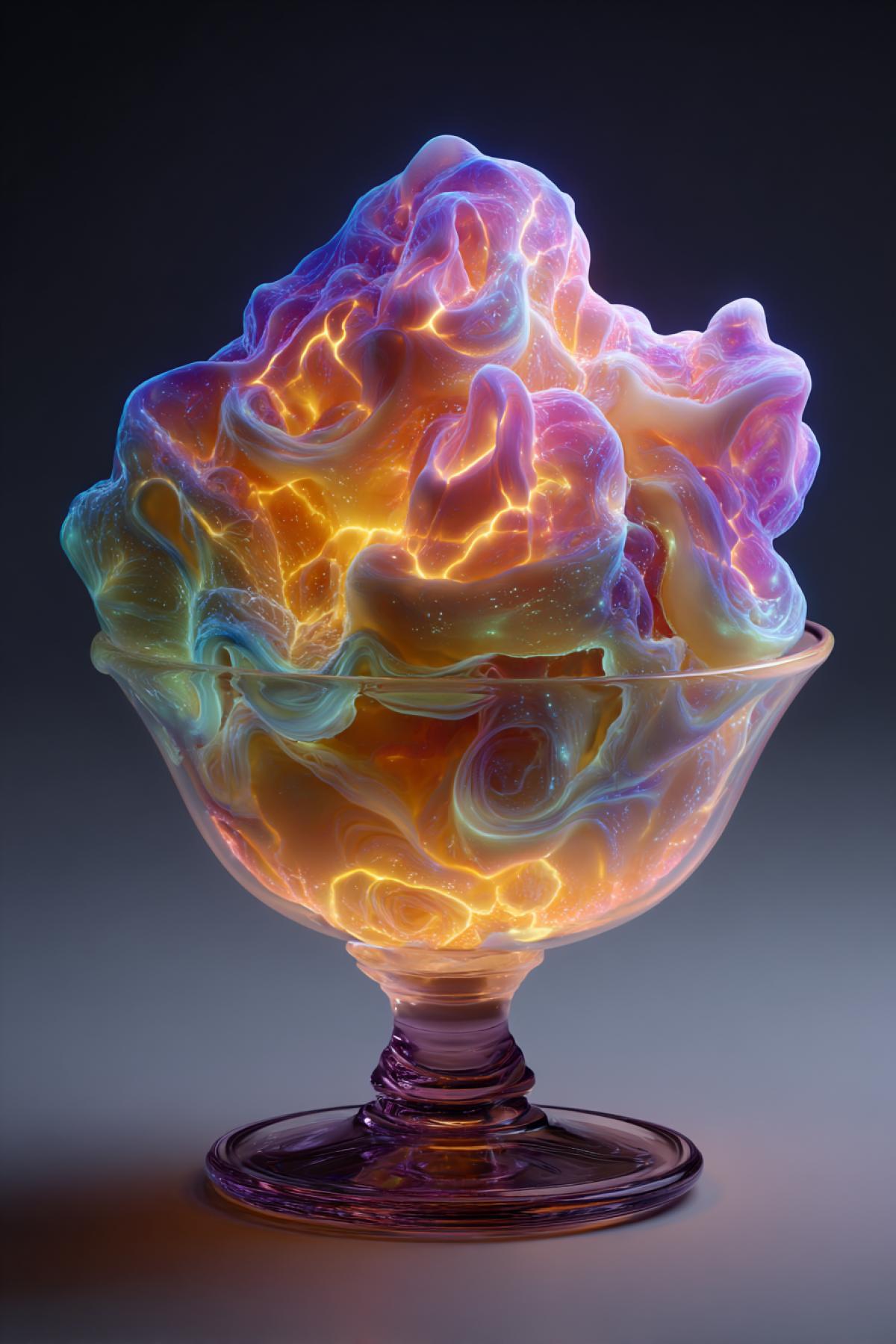 multilayered alien jelly ice cream in biomorphic form, soft glowing veins inside, organic textures, fruit-galaxy swirls, slightly melting on a liquid glass dish, intensely appetizing and unknown, high-end sci-fi dessert