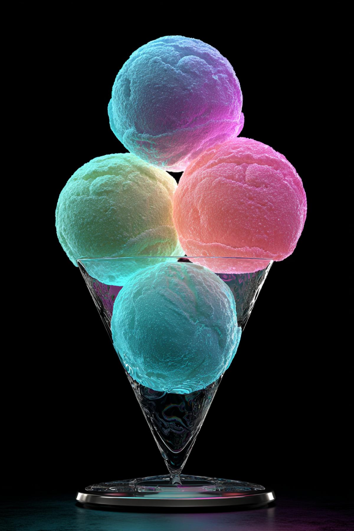 futuristic glowing ice cream scoops stacked in a transparent anti-gravity cone, each scoop glowing with soft neon colors (blue, pink, lime), perfectly round, slight frost on surface, hovering slightly above a metallic tray, photorealistic food design
