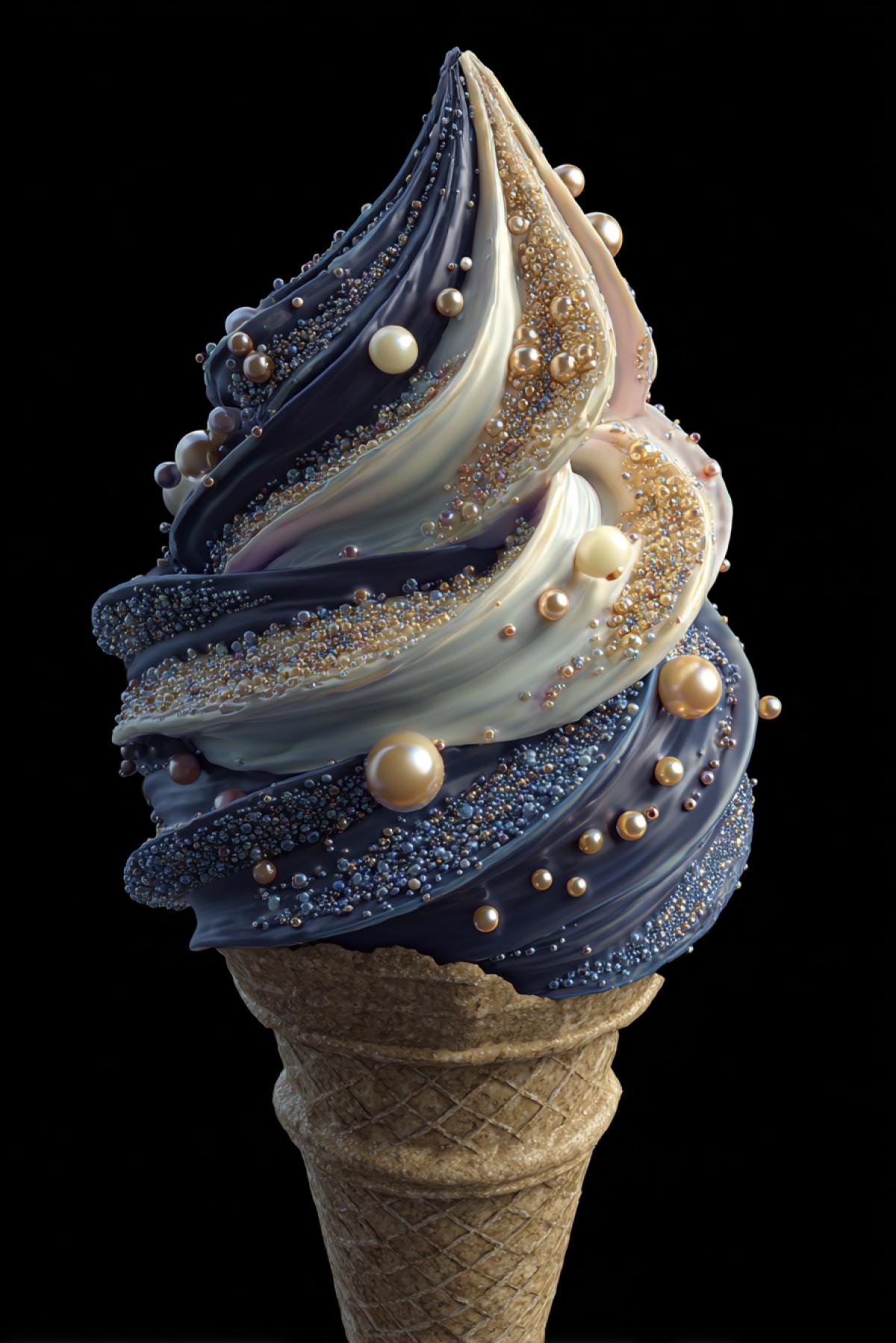 ice cream cone with scoop shaped like a fractal spiral, soft-serve texture with pearlescent cream colors, edible nano-pearls embedded in the swirl, matte dark cone with glowing accents, appetizing and futuristic food art