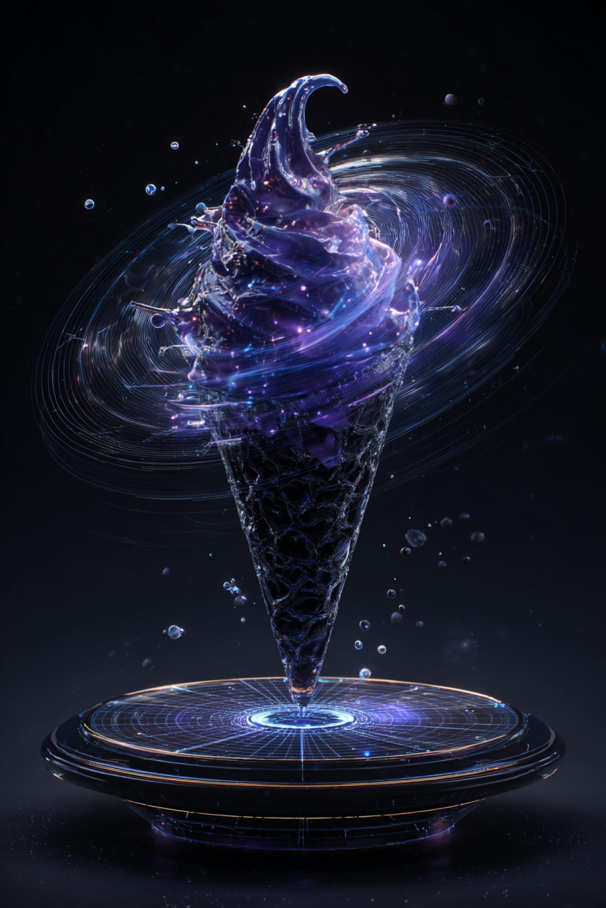 `A futuristic ice cream cone made of dark matter texture, swirling like a miniature dark hole with light around it, tiny stars being pulled into the swirl, served on a levitating obsidian plate in a zero-gravity lounge, spacetime distortion visible as warped grid lines, deep cosmic glow, ultra-sci-fi, photorealistic