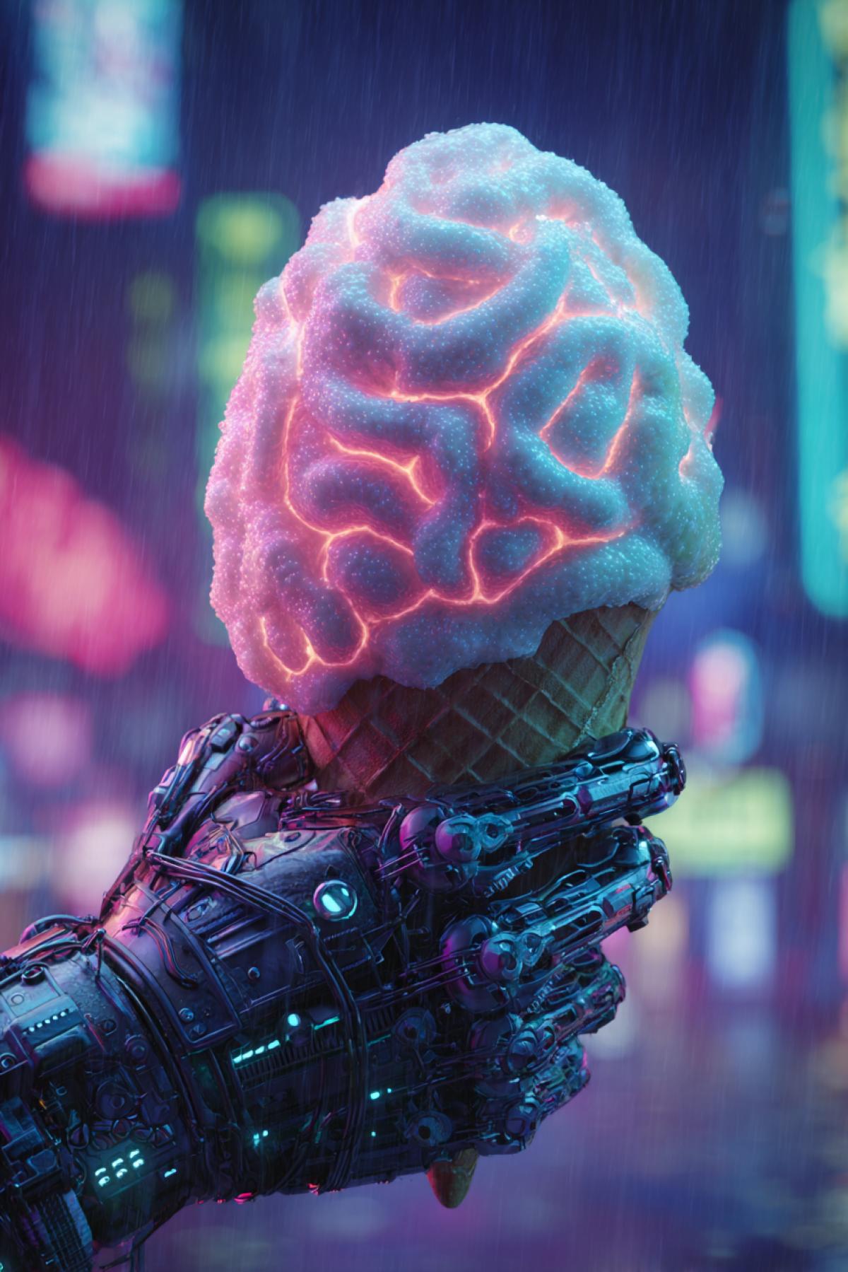 Мороженое-симбионт: живое, дышащее, адаптируется к владельцу** `A living symbiotic ice cream organism shaped like a soft glowing scoop with pulsating organic veins, breathing faint mist with each pulse, attached to a cybernetic wristband on a human arm, bioluminescent textures shifting color based on temperature, set in a rain-drenched neon city at night, close-up macro shot, hyper-detailed bio-tech aesthetic, sci-fi mod