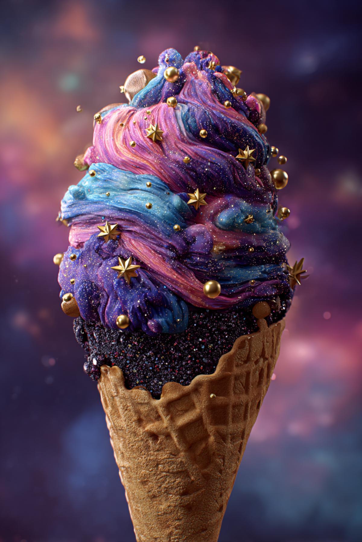 A cosmic ice cream cone glowing with nebula swirls of violet, neon pink, and electric blue. The scoop resembles a mini-planet with edible gold rings, while popping candy stars explode in the mouth. The waffle cone is made of dark sesame brittle with embedded holographic sprinkles that shift colors. Ultra 16K hyper-realistic, style of sci-fi food photography, glossy and mesmerizing