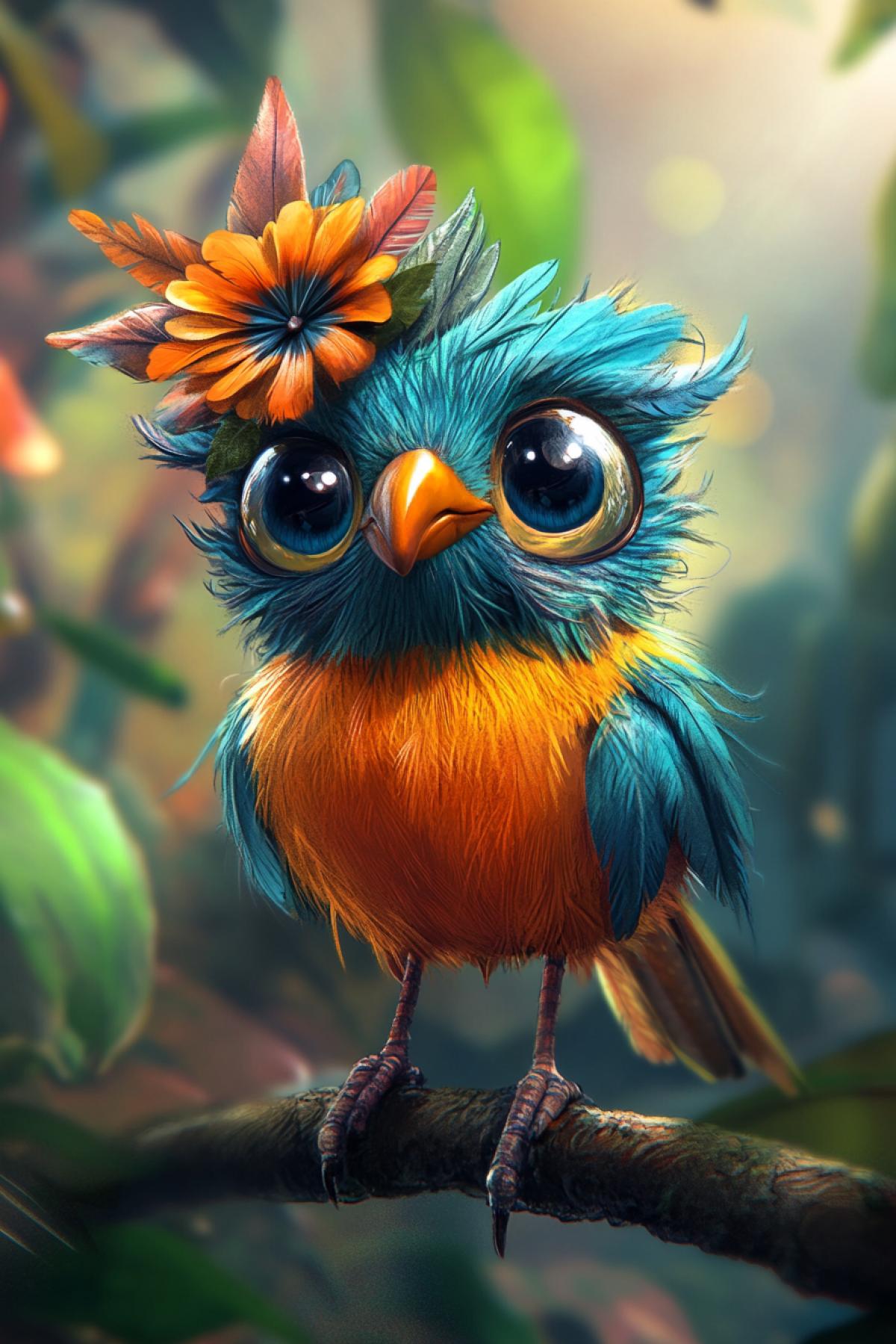 Create a bright and expressive cartoon bird. To endow it with a playful character, unusual accessories and live facial expressions. In the style of anime.