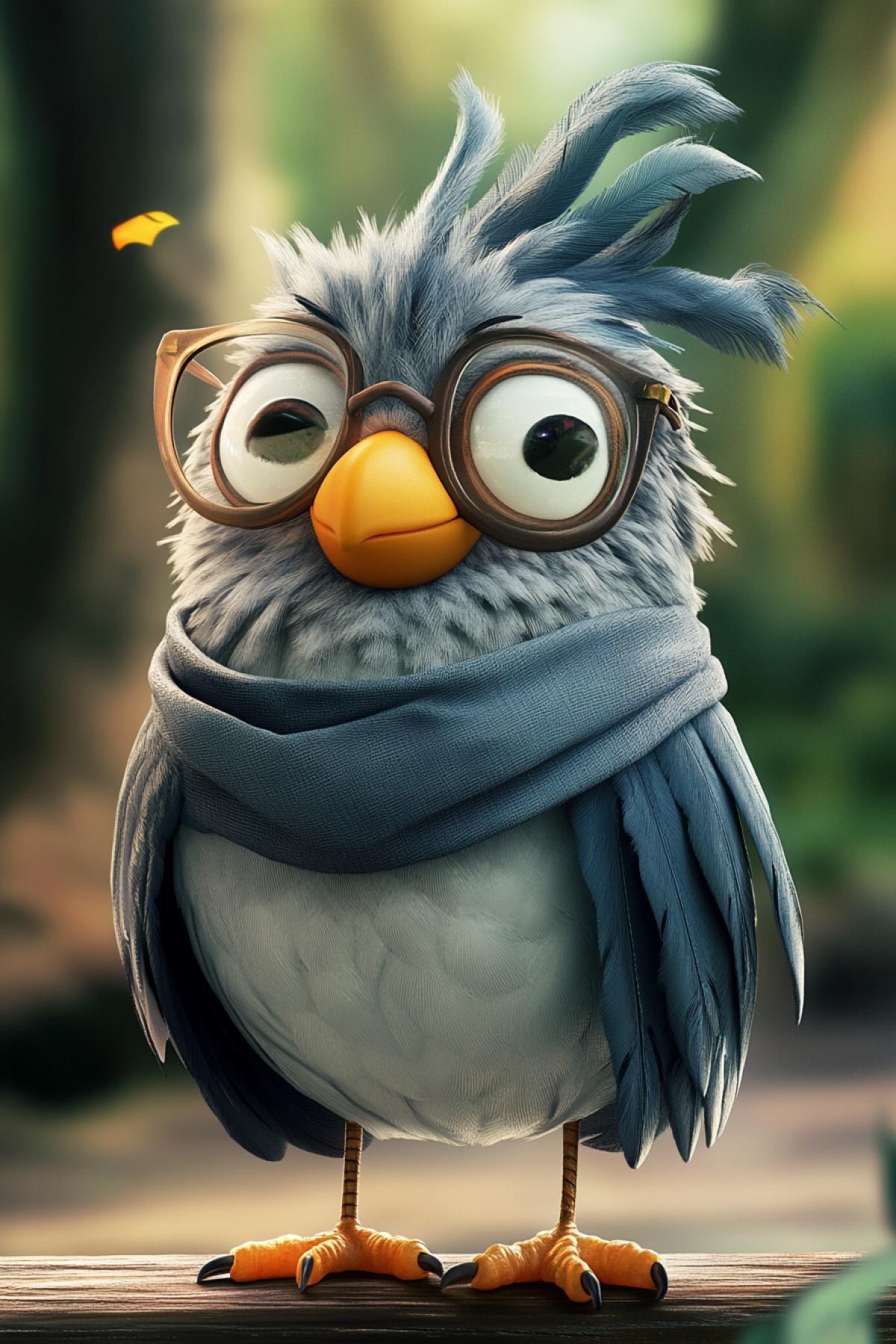 Create a bright and expressive cartoon bird. To endow it with a serious, scientific character, unusual accessories and live facial expressions. In the style of Harry Potter.