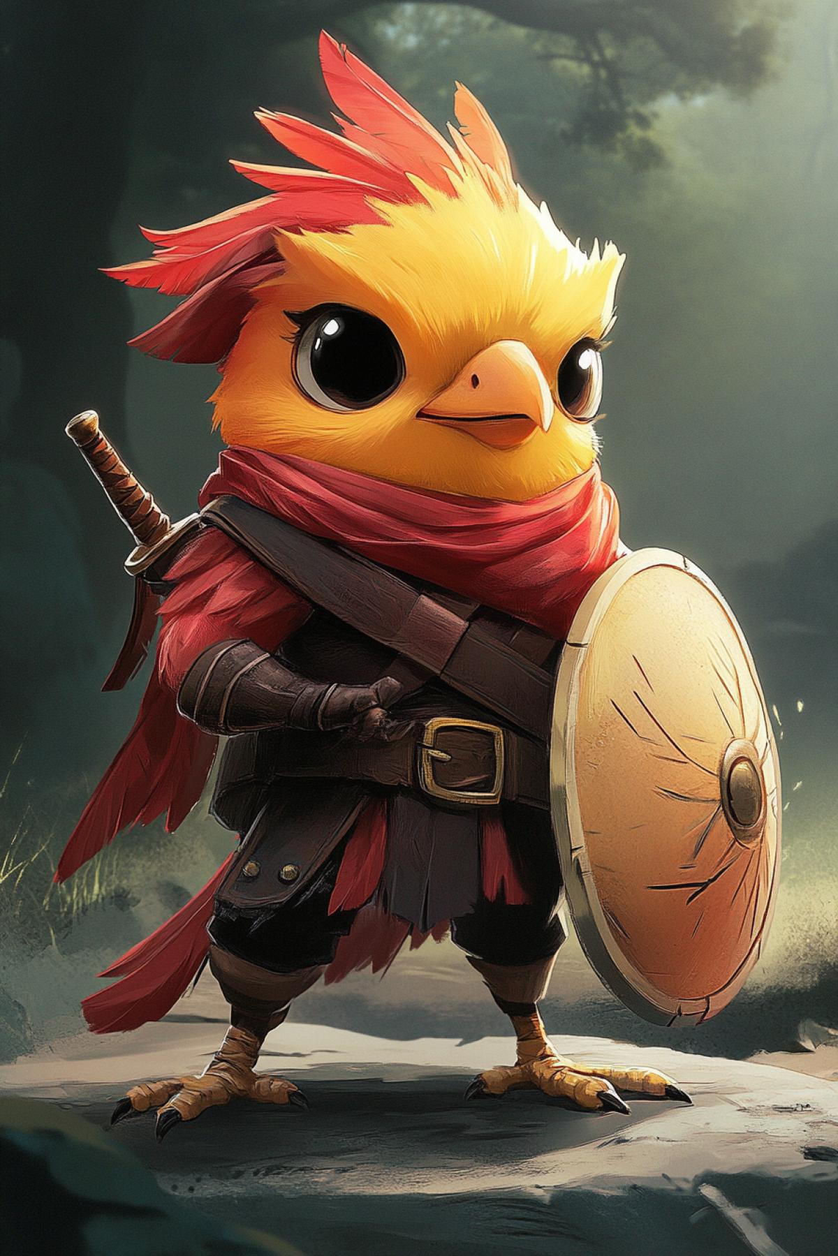 Create a bright and expressive cartoon bird of aista to endow it with a combat character, unusual accessories, a shield, a sword, a helmet and living facial expressions. In the style of reality.