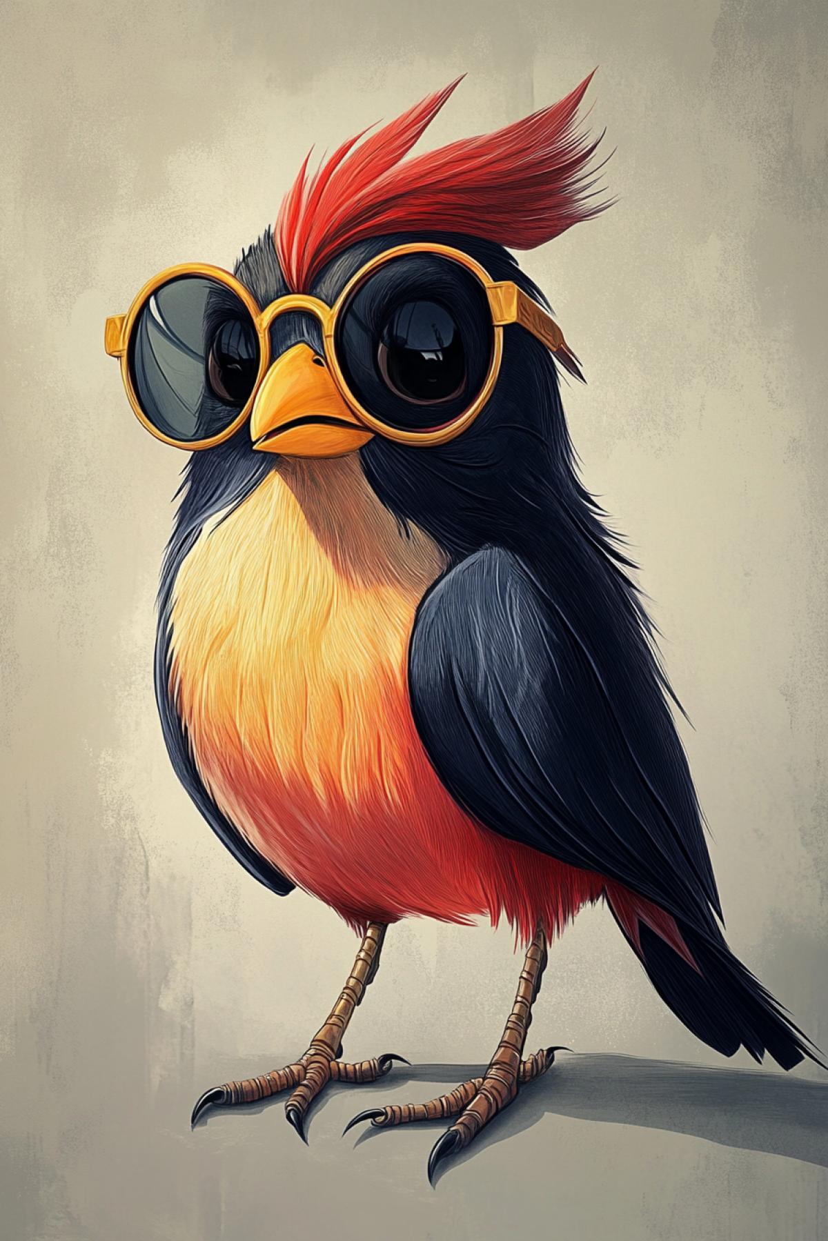 Create a bright and expressive cartoon bird. To endow it with a serious, scientific character, unusual accessories and live facial expressions. In the style of Harry Potter.