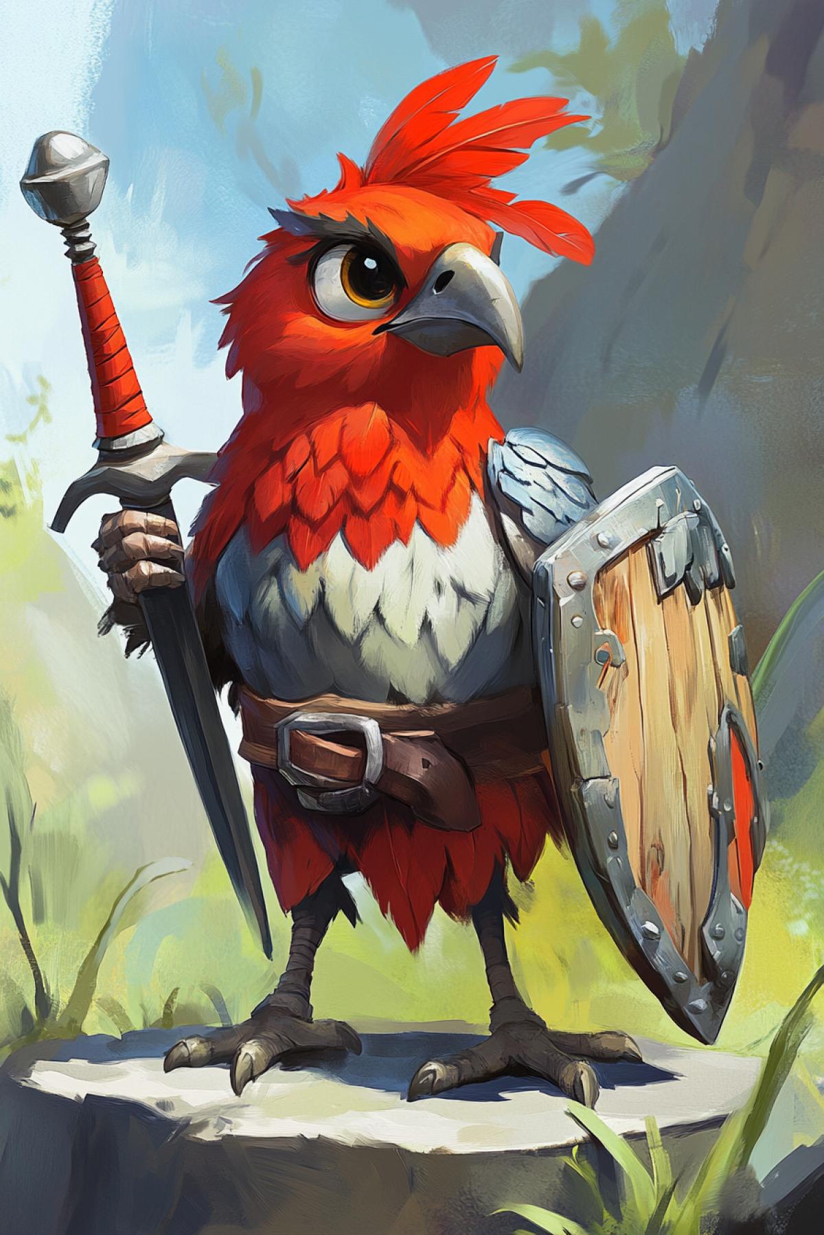 Create a bright and expressive cartoon bird of aista to endow it with a combat character, unusual accessories, a shield, a sword, a helmet and living facial expressions. In the style of reality.
