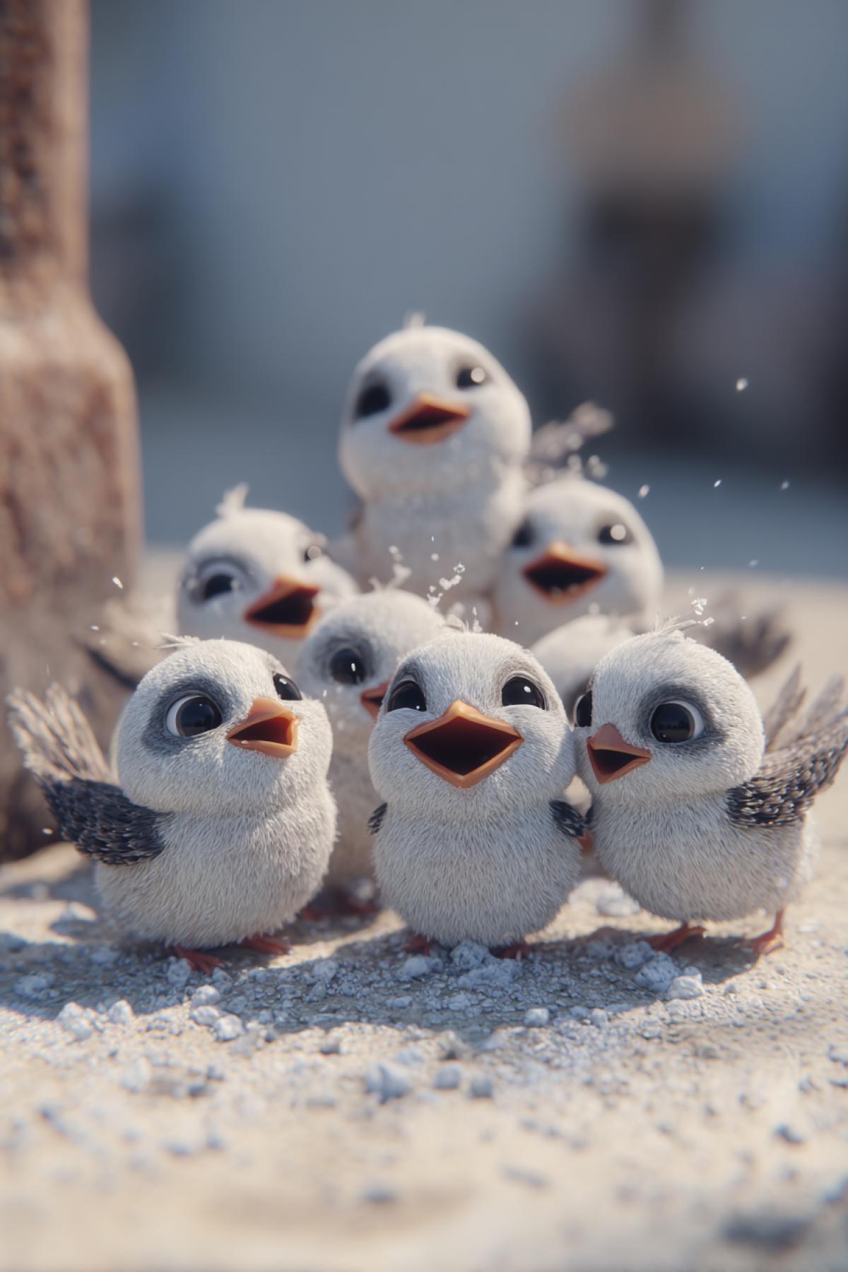 Seven little sparrows laughing out loud falling down in tears 3d Pixar illustration