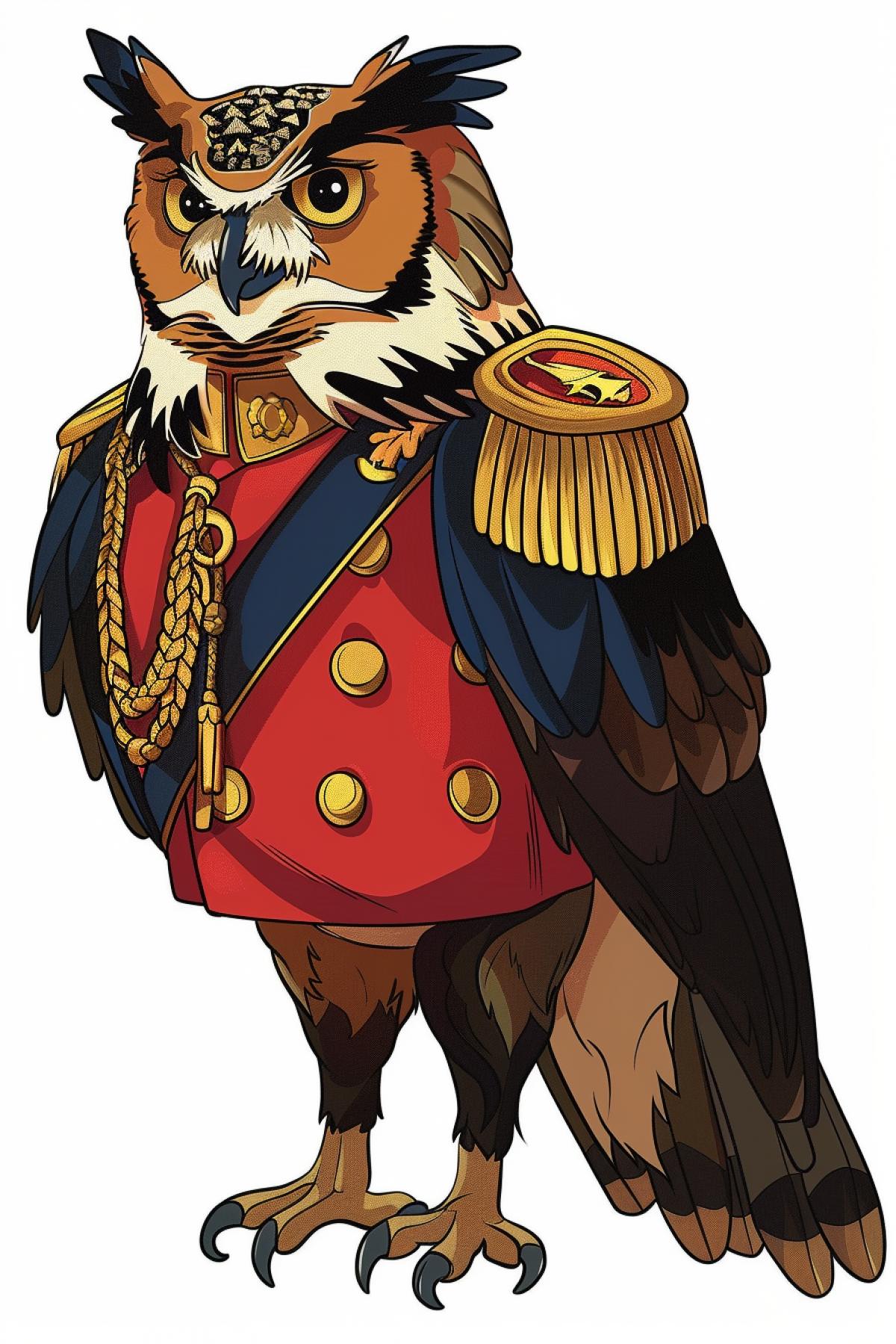 The chorismatic owl on the uniform of the general. In the style of the cartoon