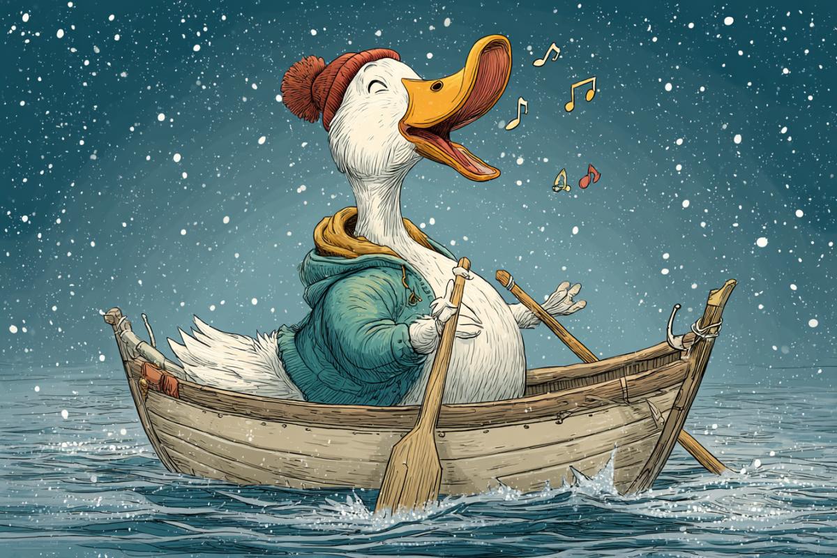 Cartoon bird-wintering poultry sings a song and rowing oars in a boat