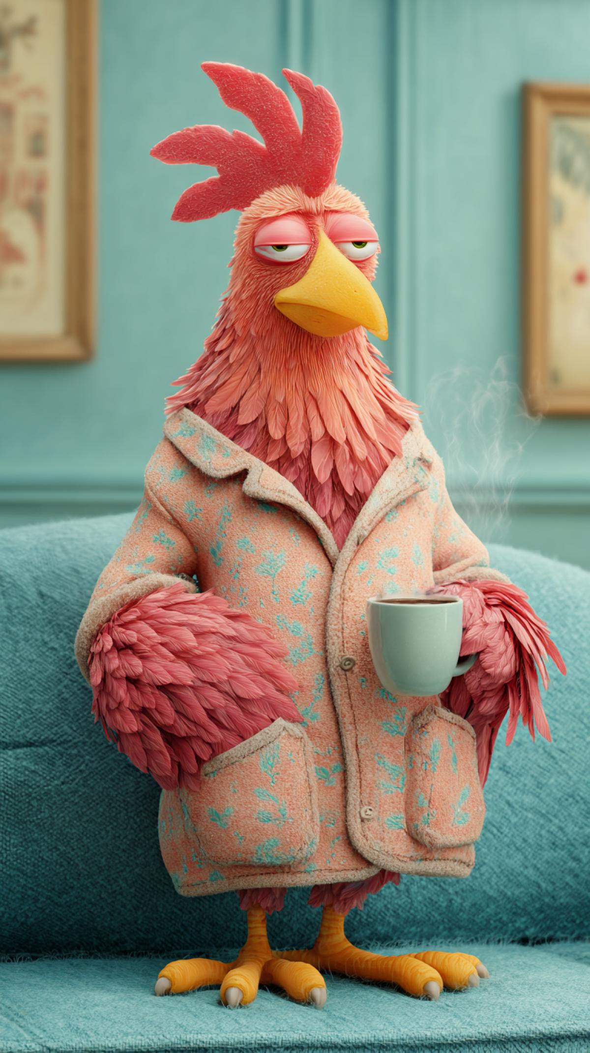 An anthropomorphic fat rooster in Pixar style pajamas, holding a cup of coffee, with his eyes half-closed. He has long, ruffled feathers, a sofa behind him, and a light blue background, creating an atmosphere of calmness and home comfort. This character embodies a sense of fatigue, charming colors, and high resolution.