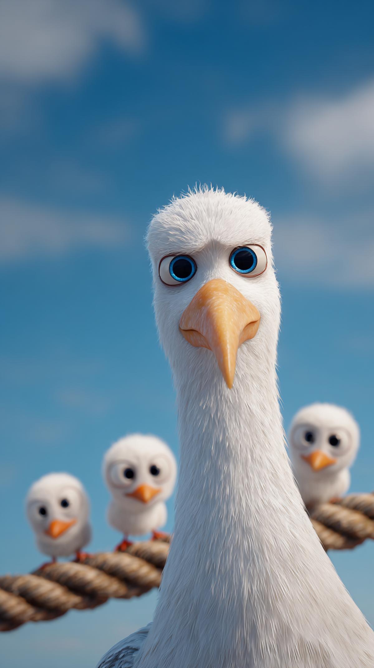 A cute white seagull with big blue eyes and a long beak in the foreground, with three chicks on a rope behind the seagull, looking at it in fear, Pixar Movie poster style, sky, Disney animation style, cartoon character, Disney Render, detailed, high resolution, high quality, high detail, sharp focus, fine details