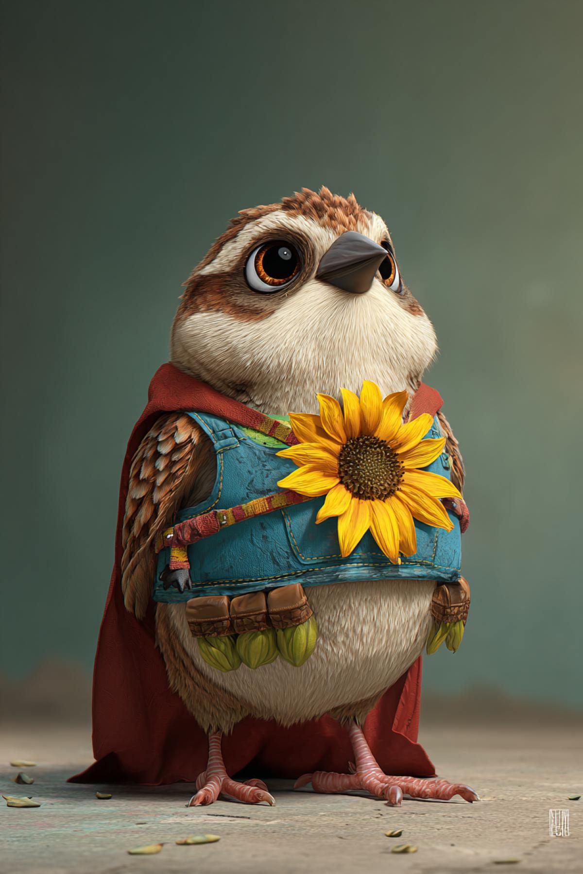A plump little sparrow dressed in a mini superhero cape, standing triumphantly on a defeated plastic bag ‘villain’. Its eyes sparkle with determination, and sunflower seed ‘grenades’ hang from its utility belt. Bright comic-book style, bold outlines, 12K Pixar-like rendering