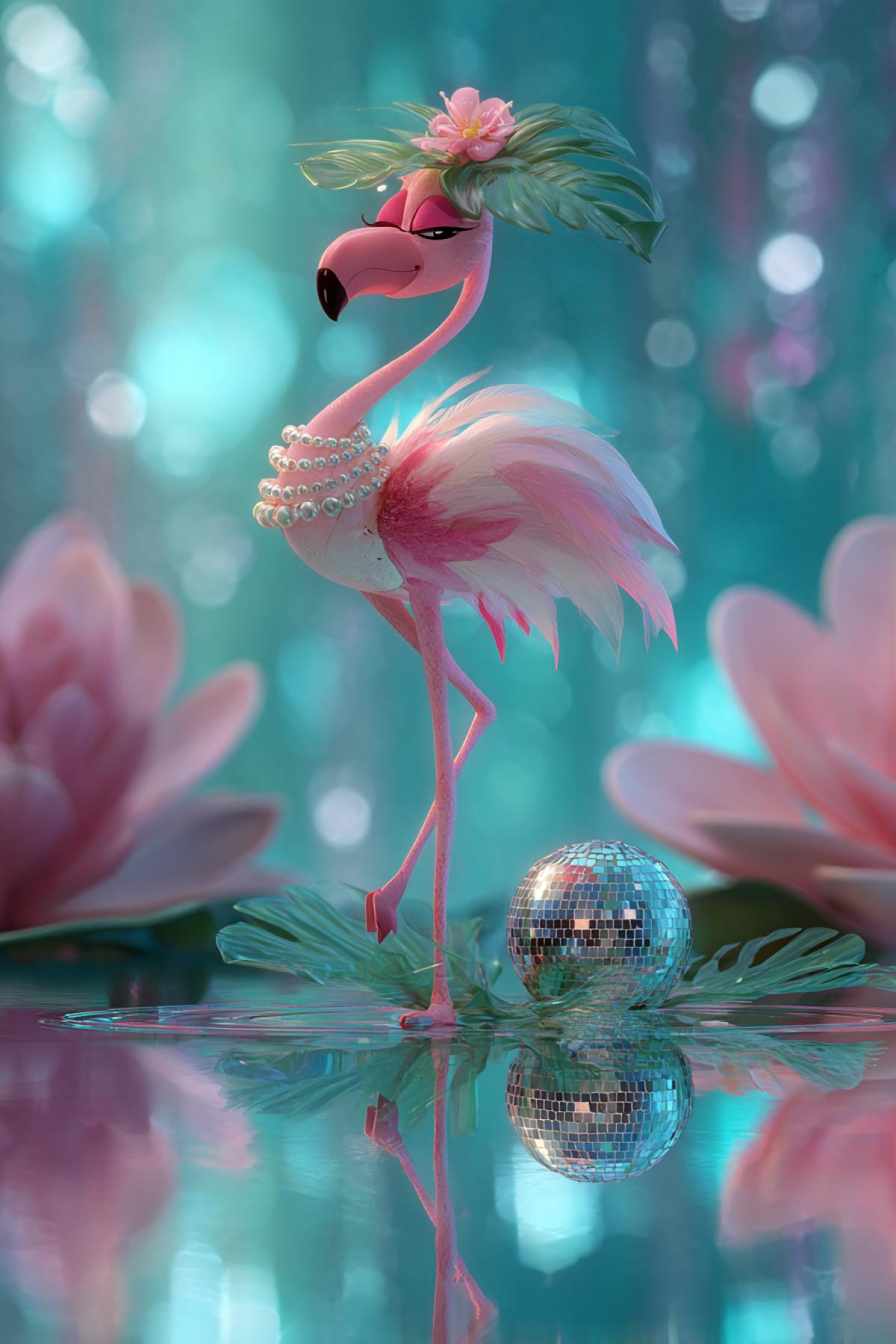 A sassy flamingo posing like a model, wearing a tiny pearl necklace and a leaf as a hat. Its reflection in the water shows a disco ball version of itself. Pink and teal color palette, 16K stylized animation, ‘Zootopia’ character design with Gucci aesthetic