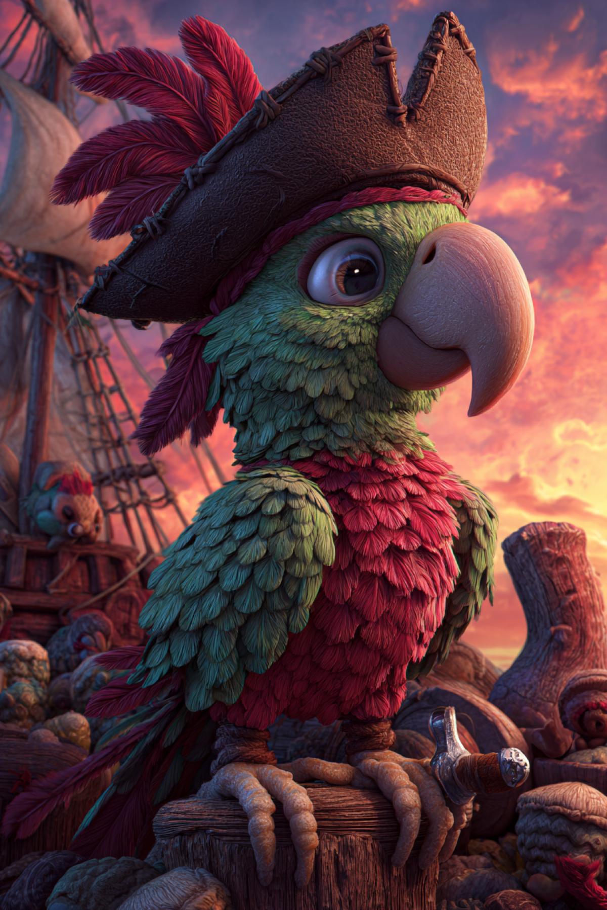 A flamboyant cartoon parrot with a pirate hat made from a folded banana leaf and an eyepatch stitched with spider silk. It stands on a wooden peg-leg (actually a twig), holding a tiny cutlass in its wing. Behind it a sinking ship of squirrels in an acorn shell. 12K Disney style animation, vibrant colors, dramatic sunset lighting