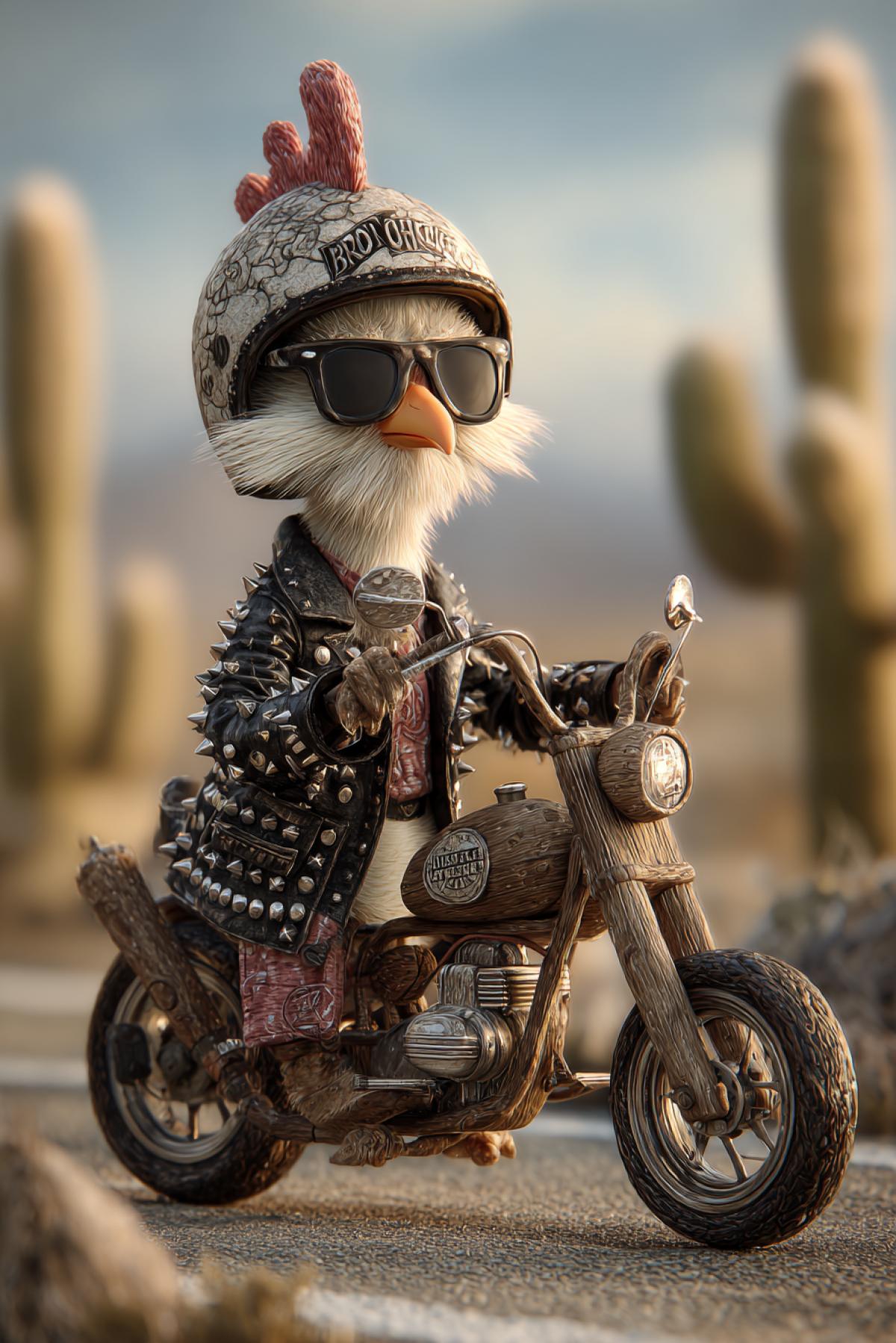 A tough hen in a studded leather jacket, riding a miniature motorcycle made from a walnut shell with matchstick handlebars. Her helmet is a cracked eggshell with ‘Born to Cluck’ graffiti. Background: desert road with tumbleweeds of feathers. 8K Pixar-meets-Mad Max style, comic-book shading